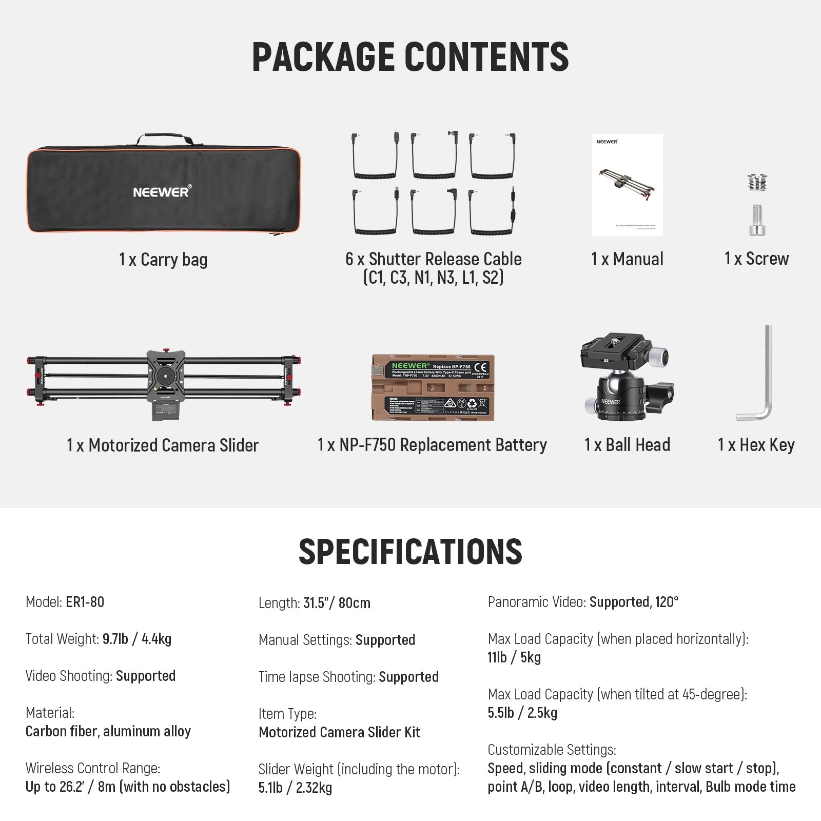 NEEWER ER1 Motorized Carbon Fiber Camera Slider with F750 Battery