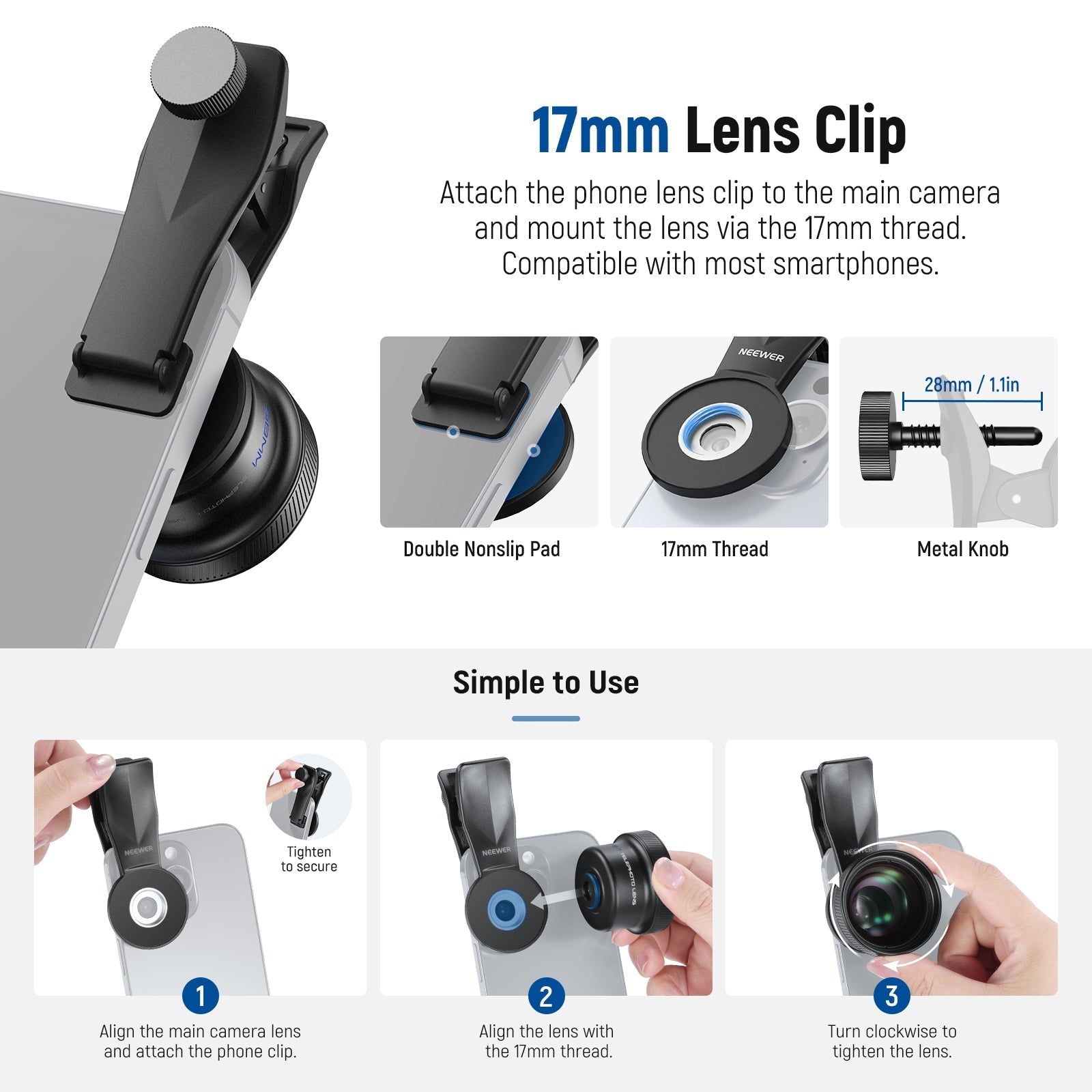 NEEWER LS-71 58mm Telephoto Phone Lens with 17mm Threaded Clip