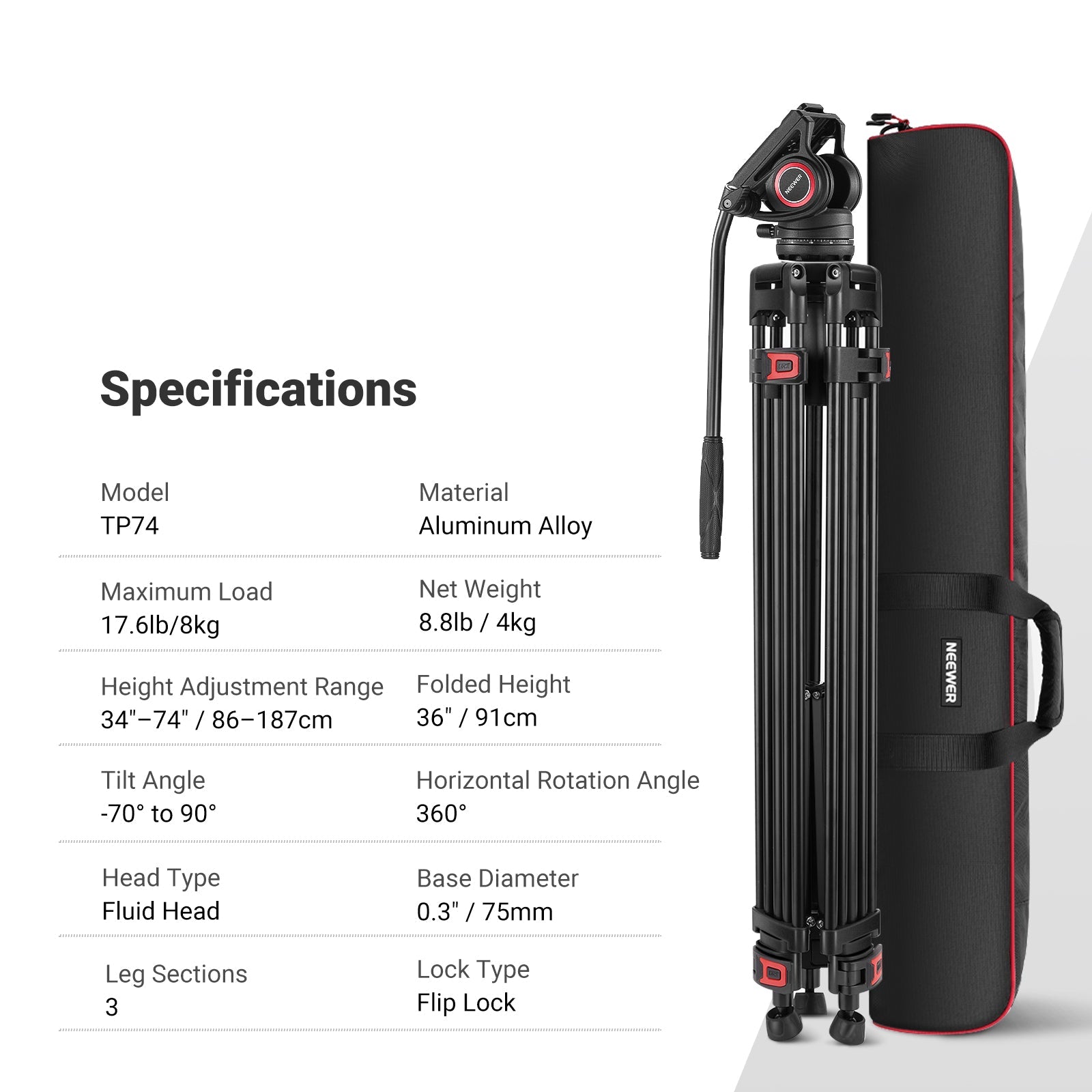 NEEWER TP74 74" Pro Video Tripod with Fluid Head