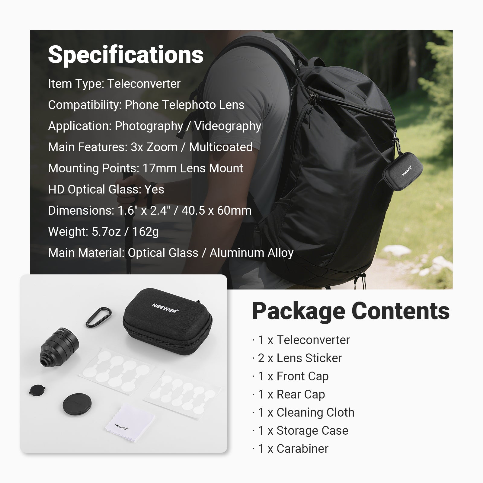 NEEWER LS-89 3X 360mm Teleconverter Converter for 5x Phone Telephoto Lens