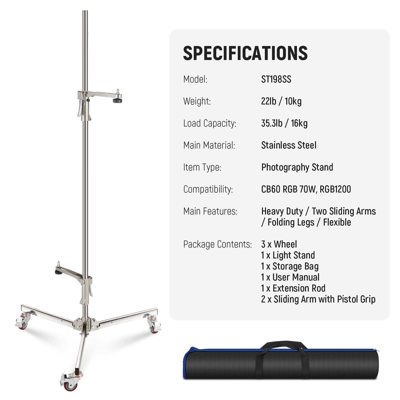 NEEWER ST198SS 198cm Stainless Steel Wheeled Stand