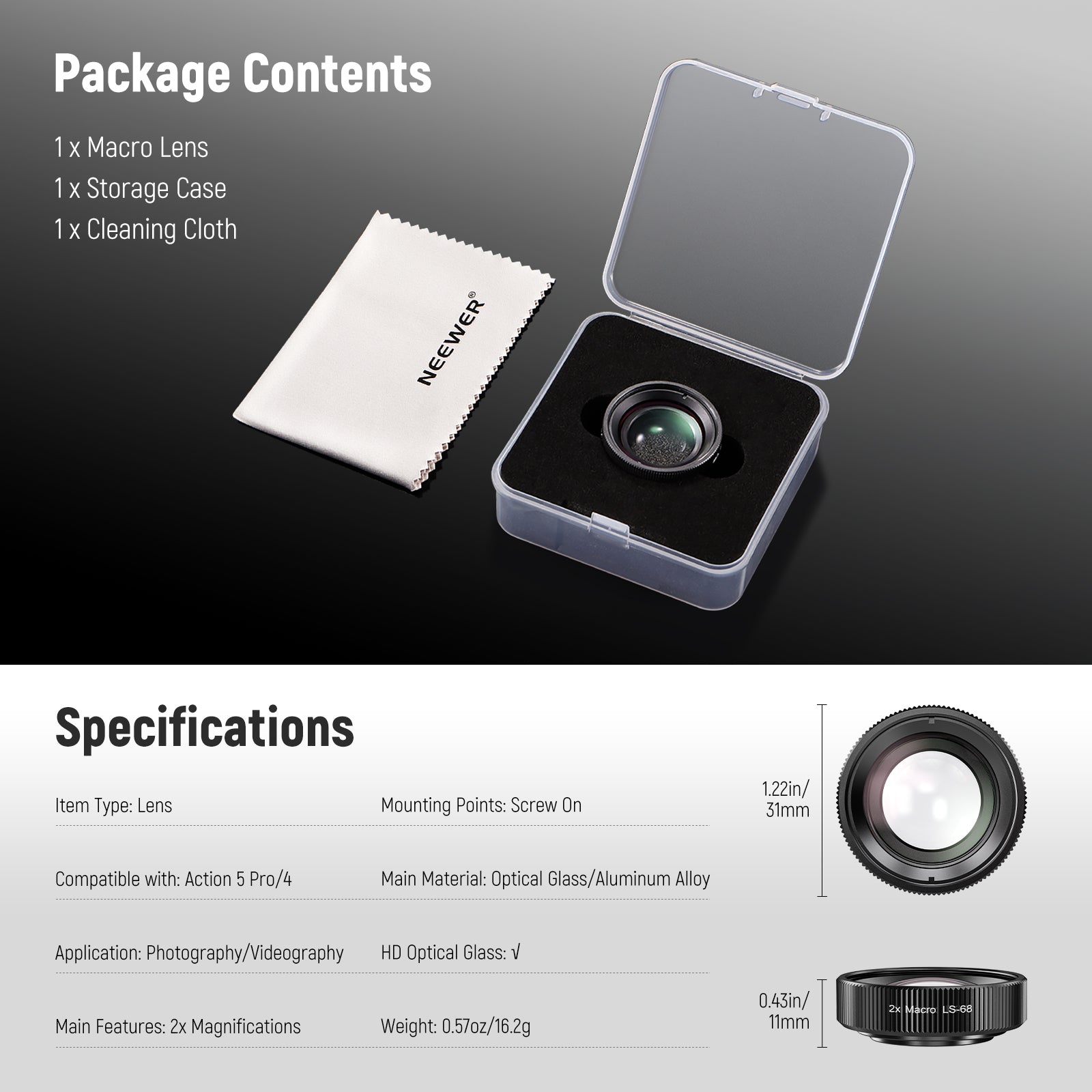 NEEWER LS-68 2X Macro Lens For DJI Osmo Nano Action 5 Pro Action 4