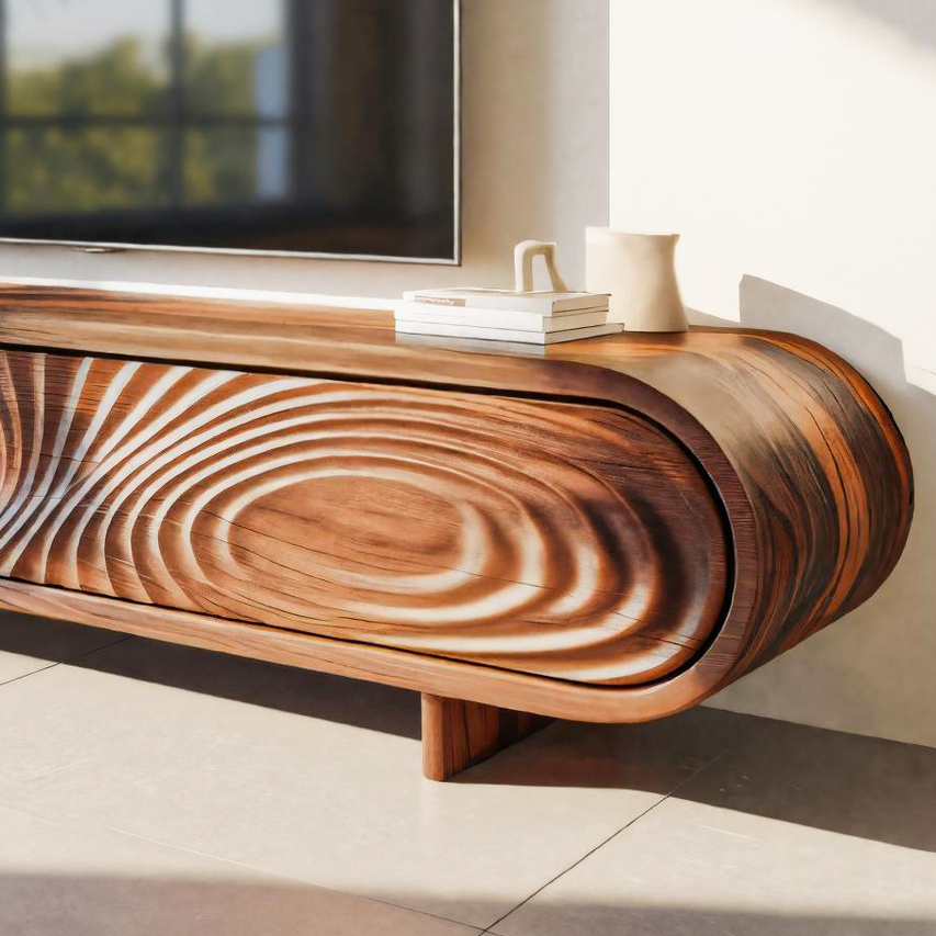 Modern Sculptural Wood TV Stand With Curved Grain Pattern For Living Room
