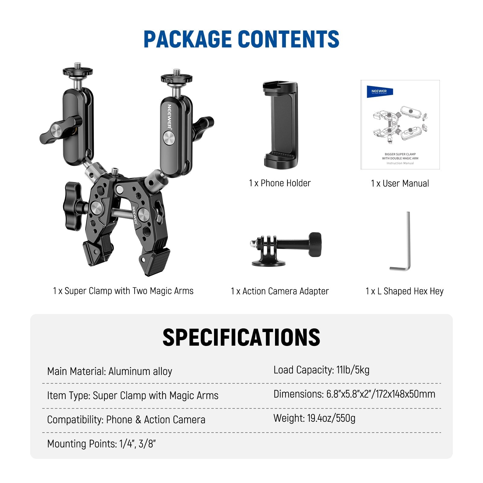 NEEWER Heavy Duty Super Clamp with Two 360° Dual Ball Head Magic Arms