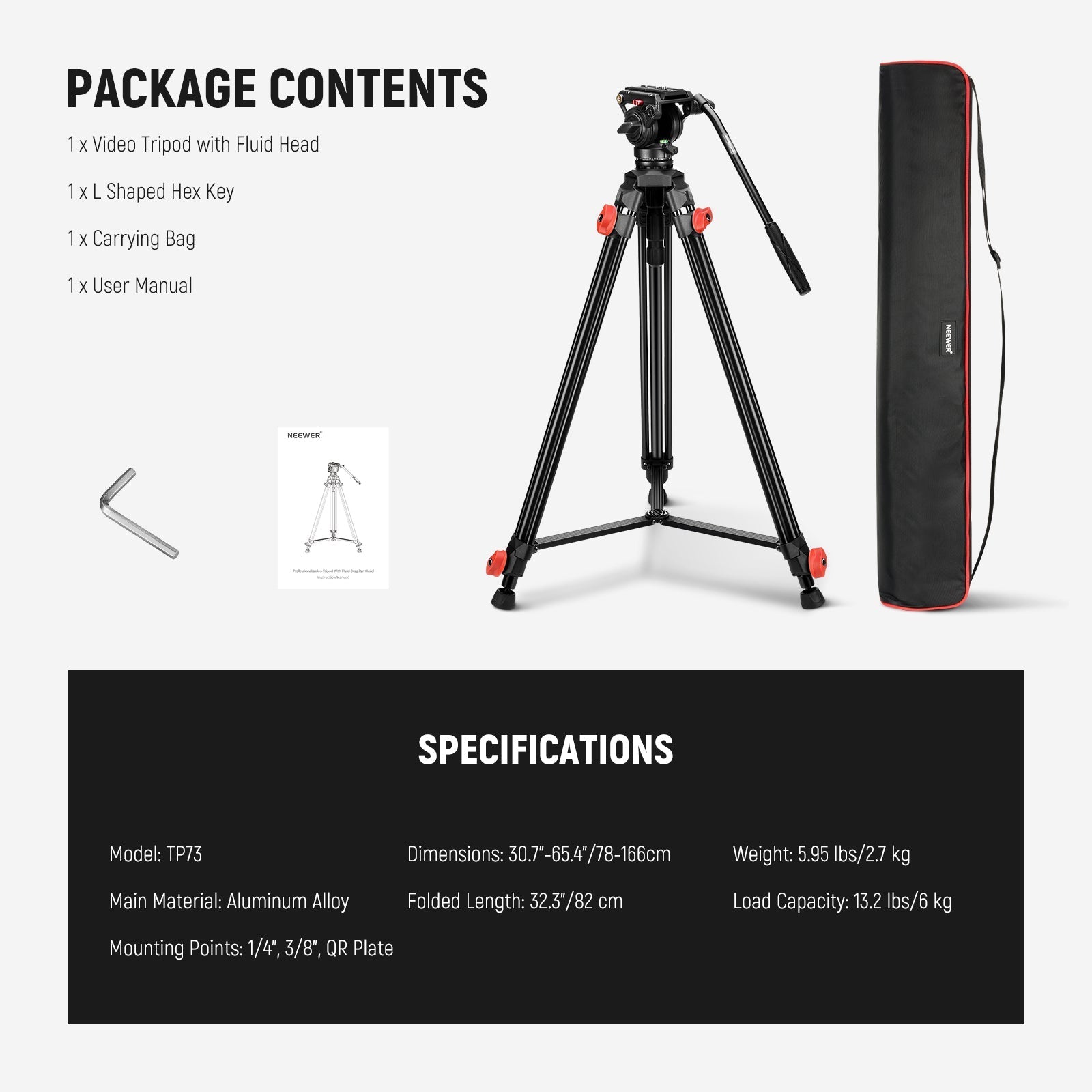 NEEWER TP73 65" Heavy Duty Yet Lightweight Video Tripod
