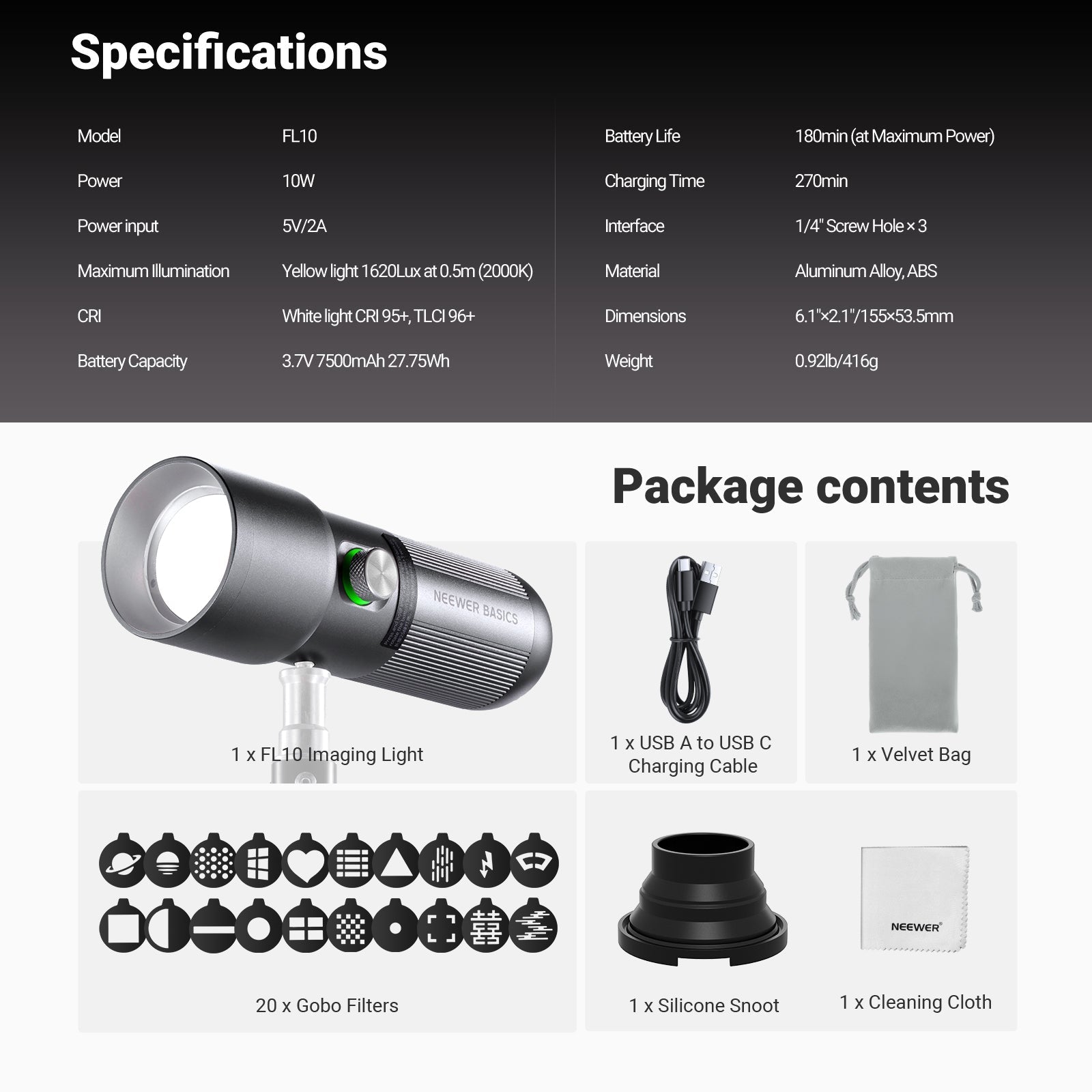NEEWER BASICS FL10 10W Portable Photography Flashlight