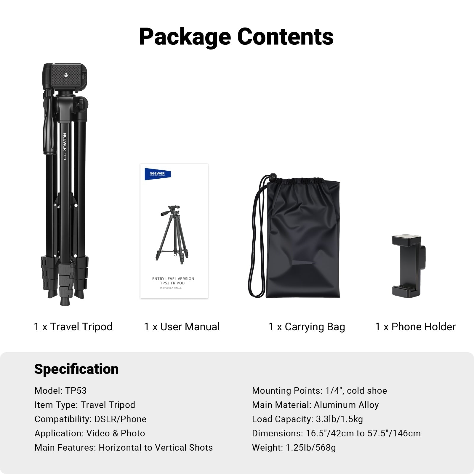NEEWER ENTRY LEVEL VERSION TP53 57.5" Metal Travel Tripod
