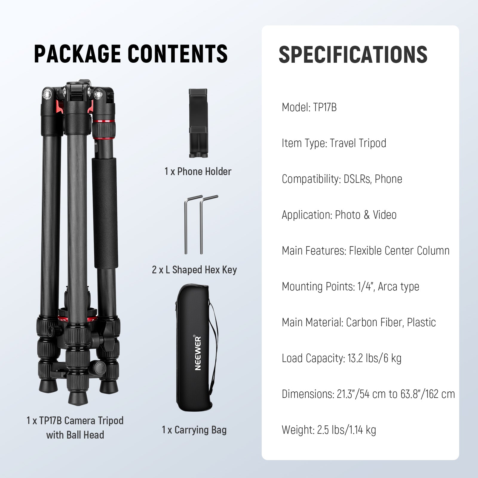 NEEWER BASICS TP17B 64"/162cm Carbon Fiber Travel Tripod Monopod