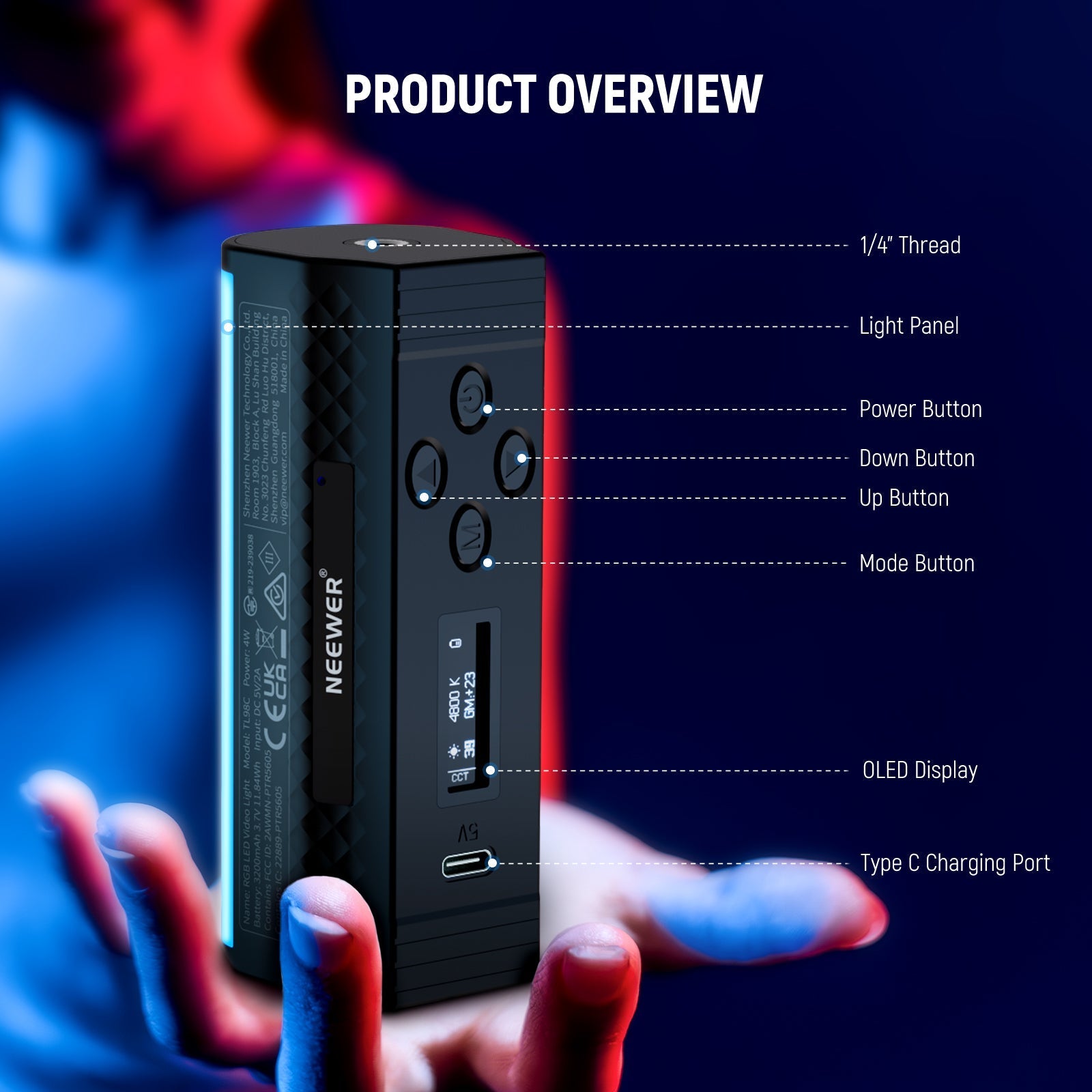 NEEWER TL98C Magnetic Handheld Light Wand with APP/DMX Control