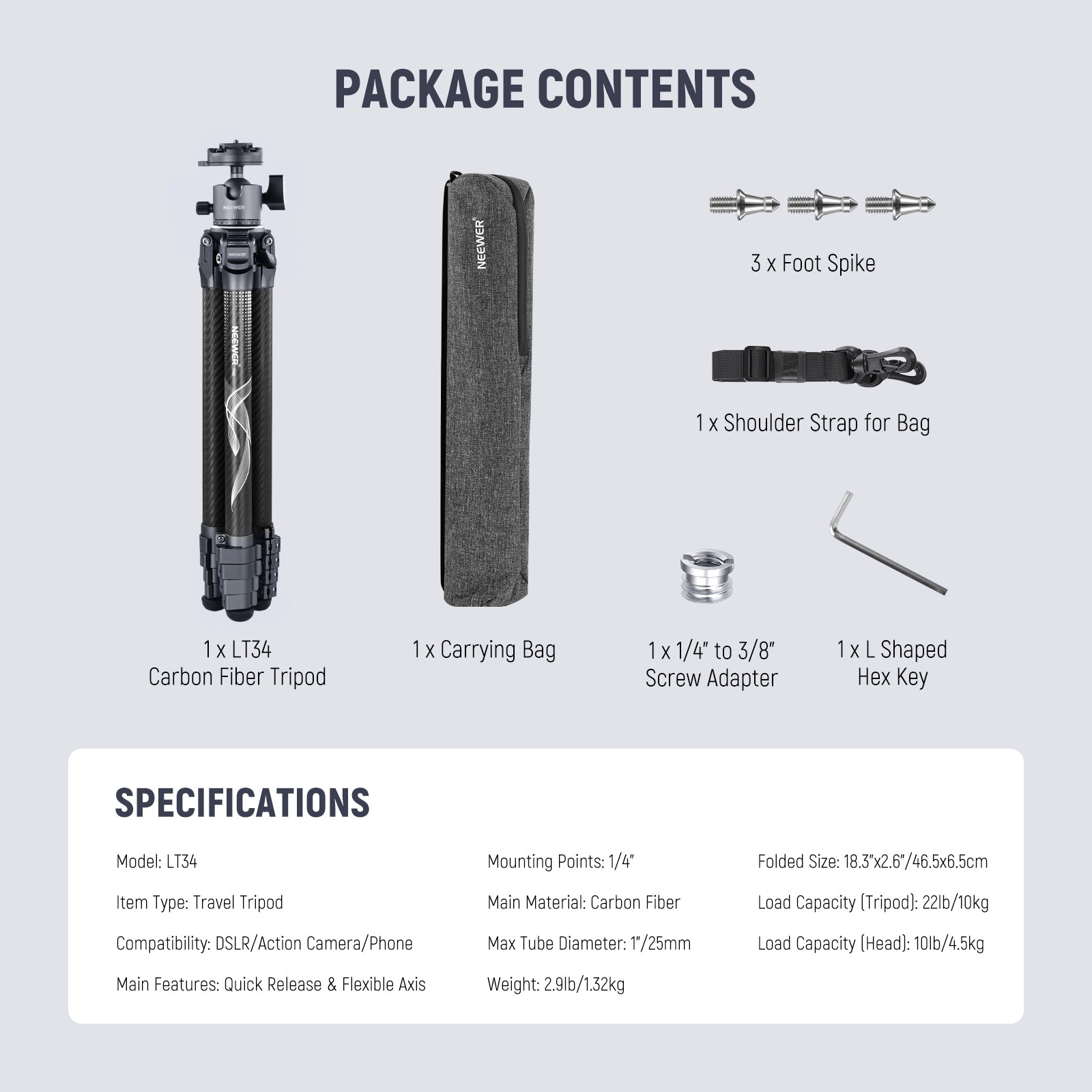 NEEWER LT34 62" Carbon Fiber Travel Tripod