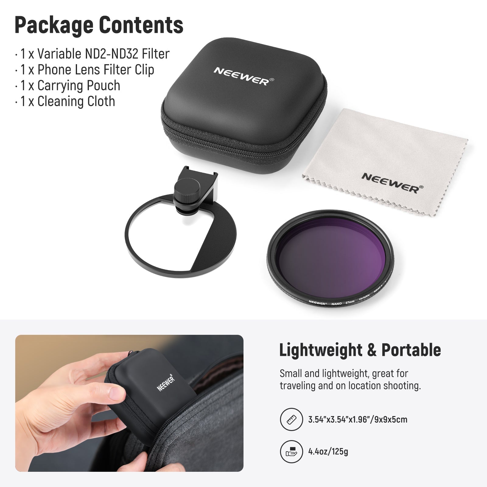 NEEWER Clip On 67mm ND2-ND32 HD Variable Phone Lens Filter Kit
