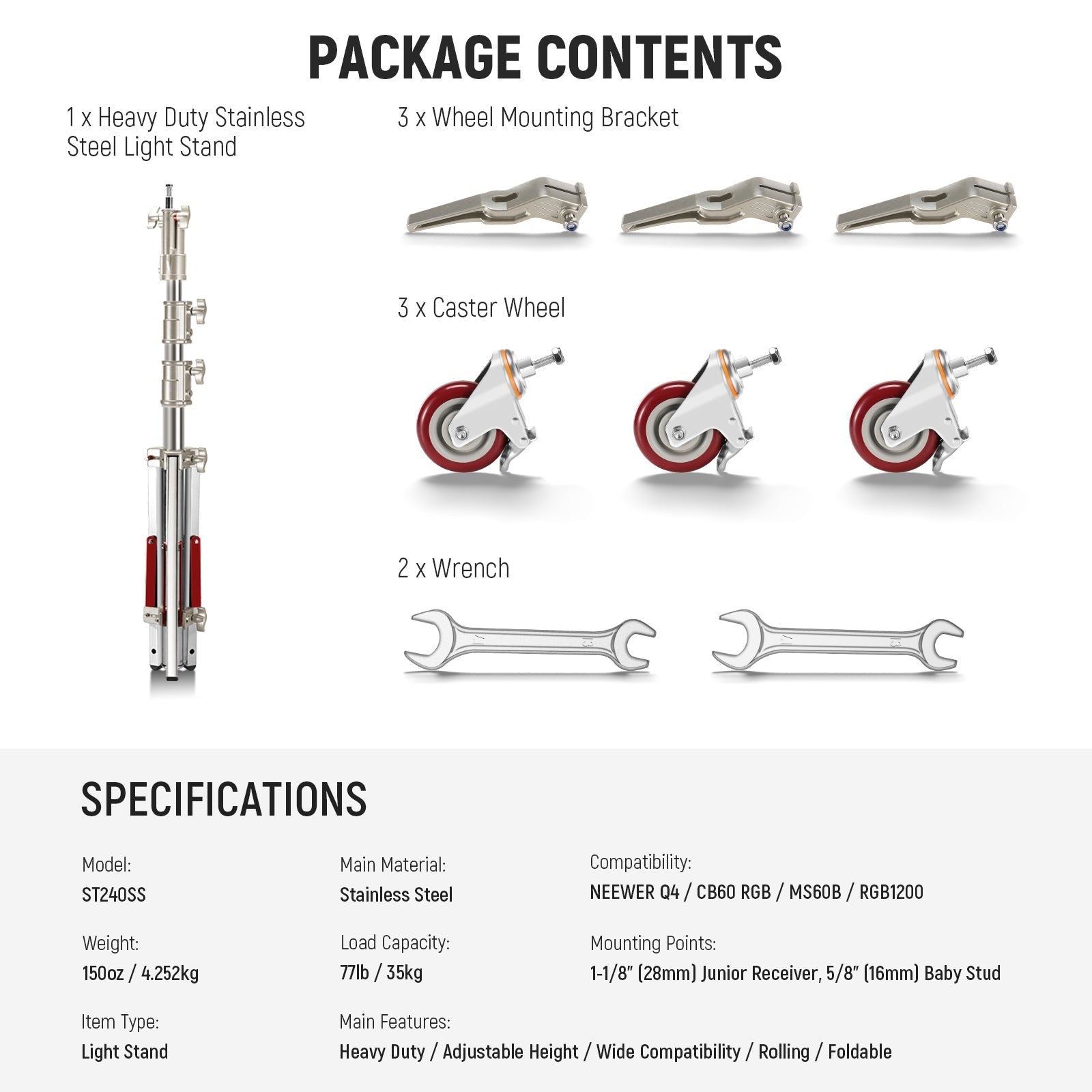 NEEWER ST240SS 240cm Heavy Duty Stainless Steel Light Stand with Casters