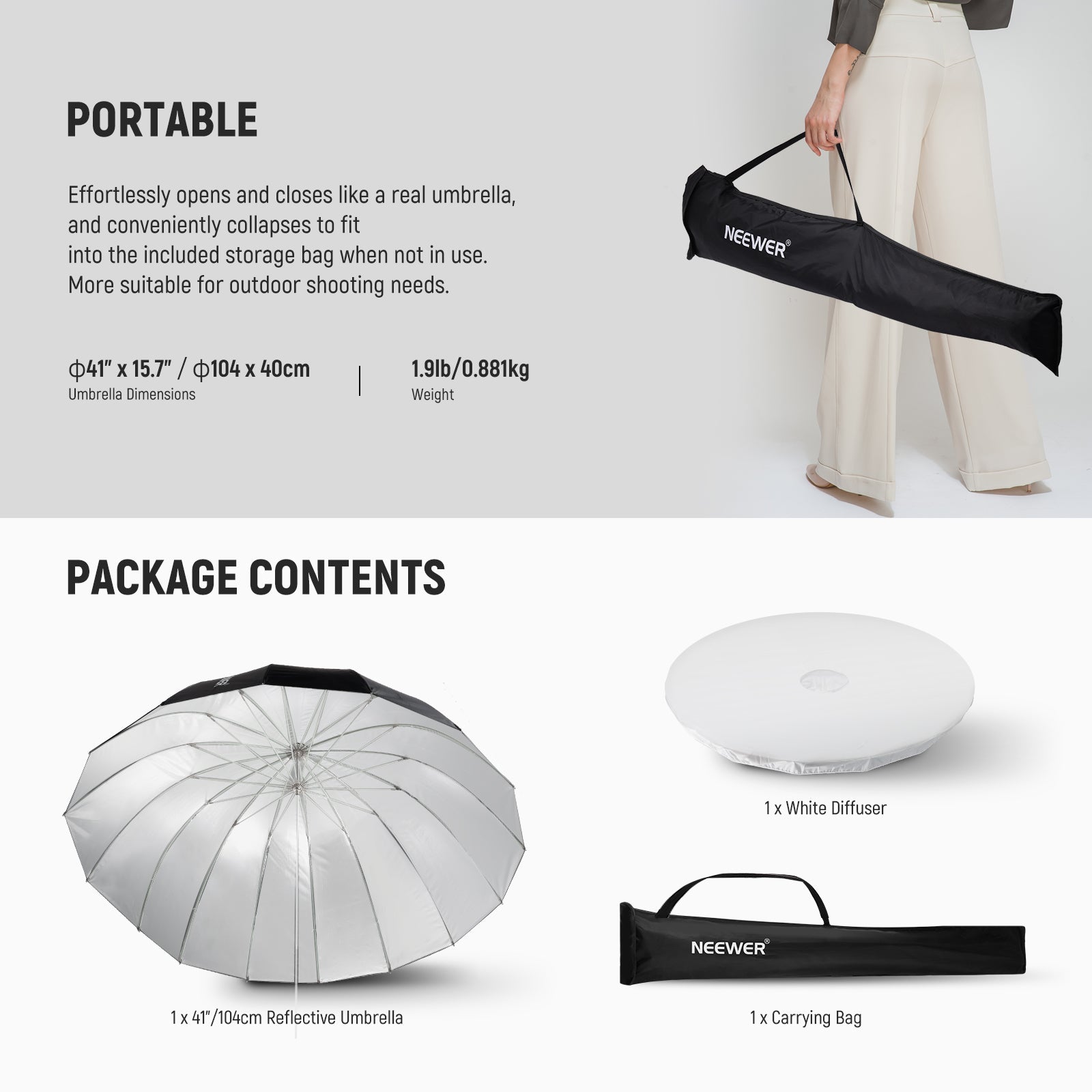 NEEWER Parabolic Reflective Umbrella with Diffuser