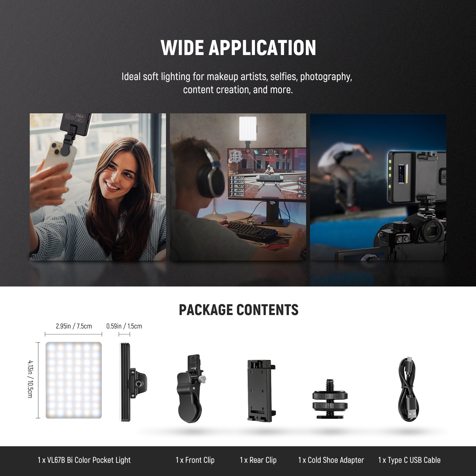 NEEWER BASICS VL67B Bi-Color Phone Selfie Light with APP Control