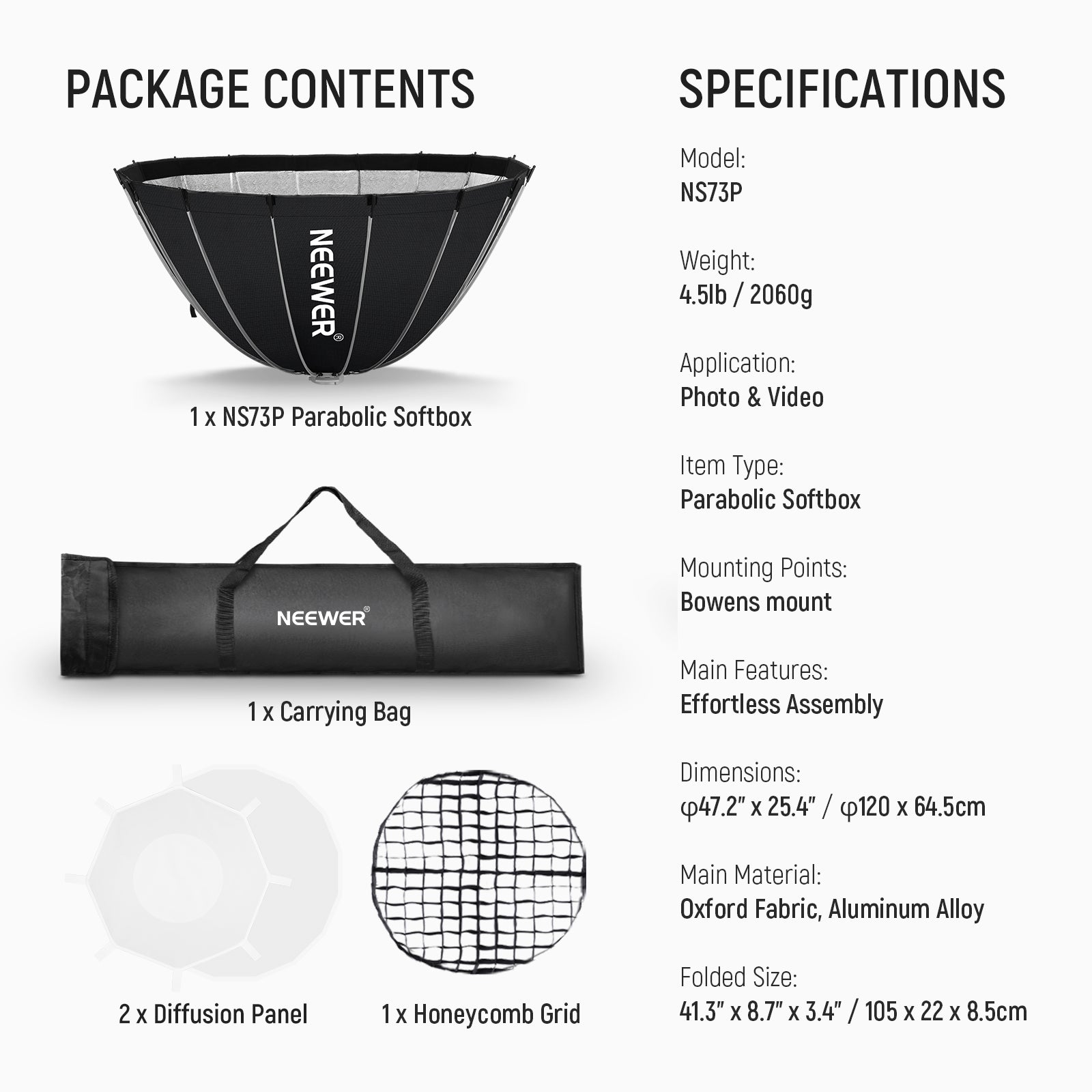 NEEWER 60CM/90CM/120CM Quick Release Parabolic Softbox