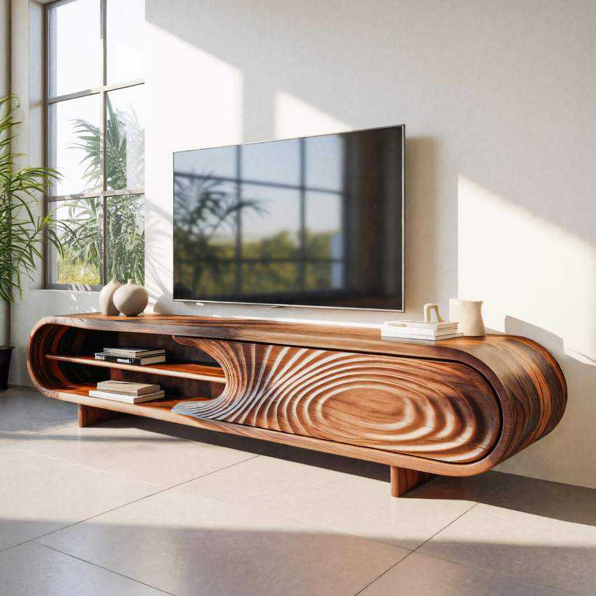 Modern Sculptural Wood TV Stand With Curved Grain Pattern For Living Room