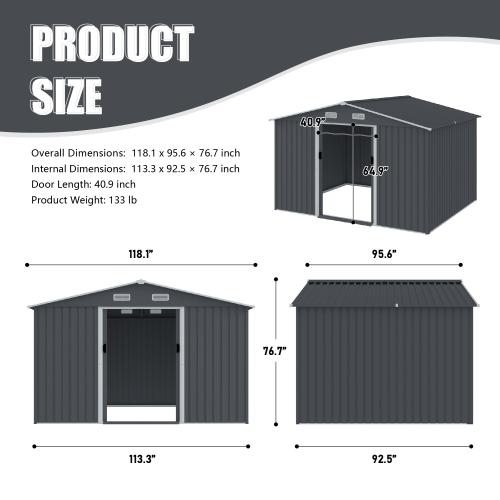 8 x 10 FT Outdoor Storage Shed Large Metal Tool Sheds, Heavy Duty Storage House with Sliding Doors with Air Vent for Backyard Patio Lawn to Store Bikes, Tools, Lawnmowers Grey
