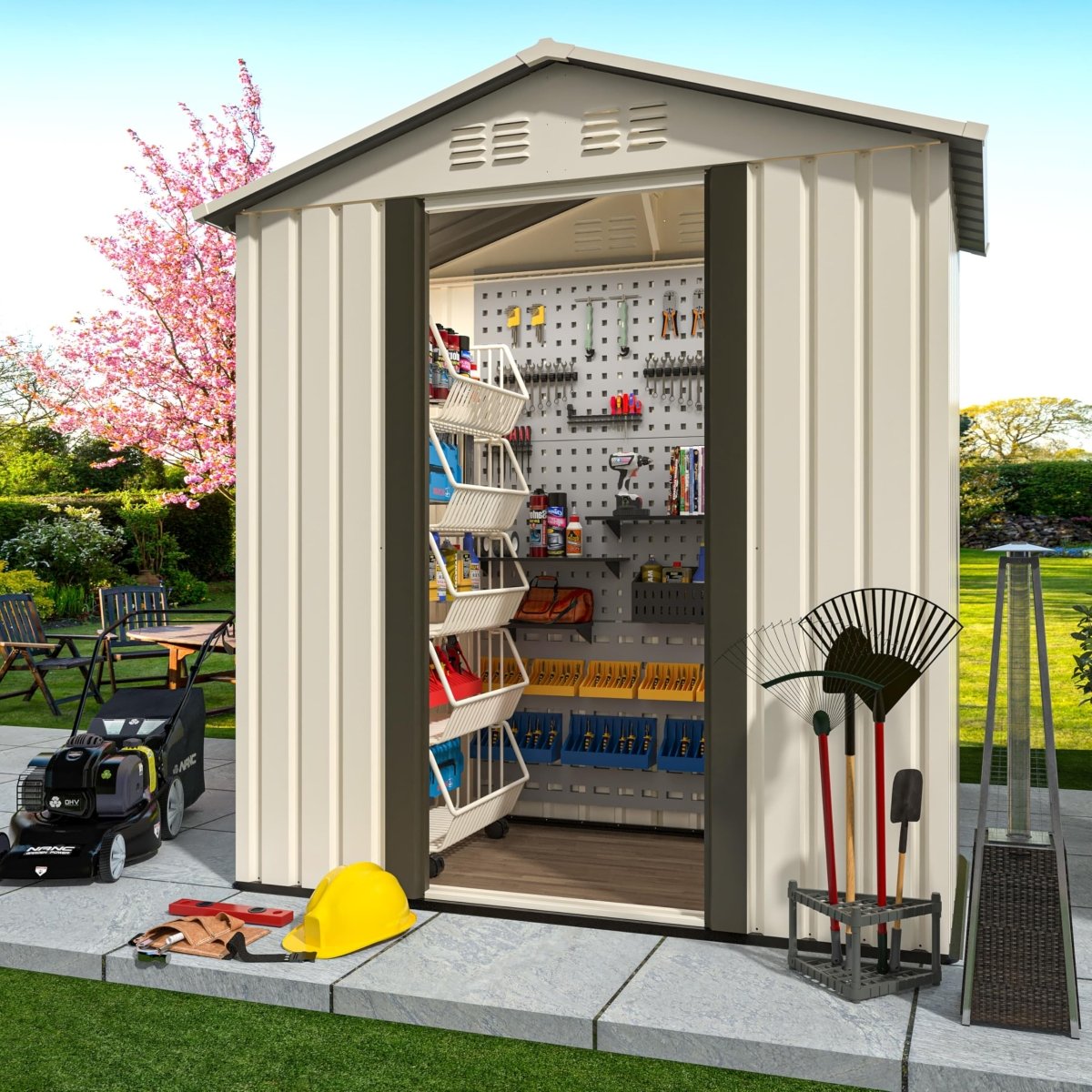 Cream White 5×3FT Outdoor Storage Shed | Heavy Duty Lockable Garden House