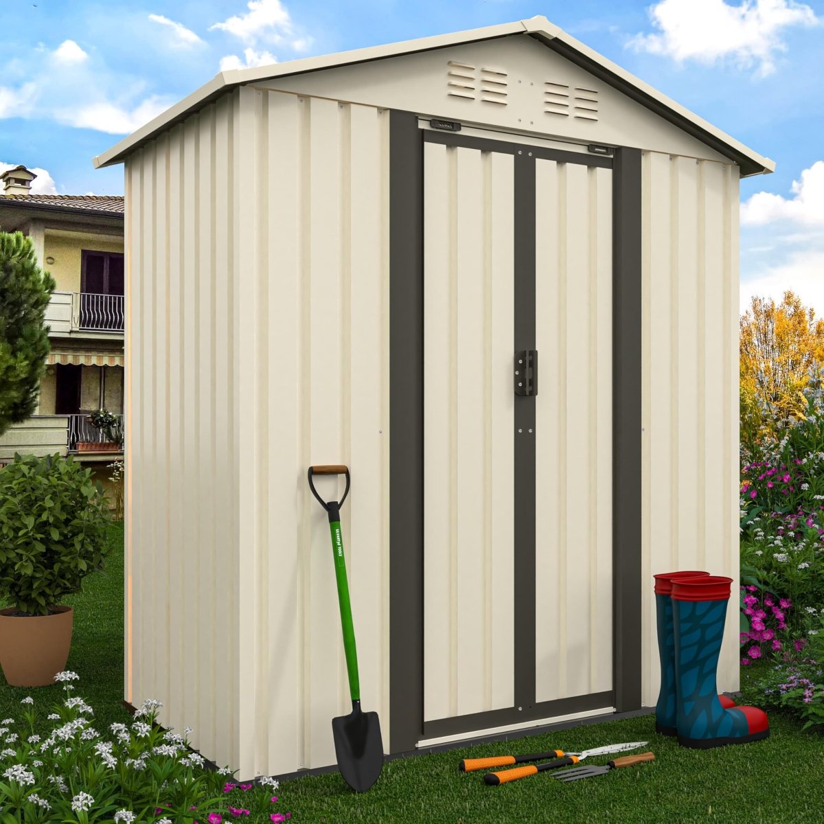 Cream White 5×3FT Outdoor Storage Shed | Heavy Duty Lockable Garden House