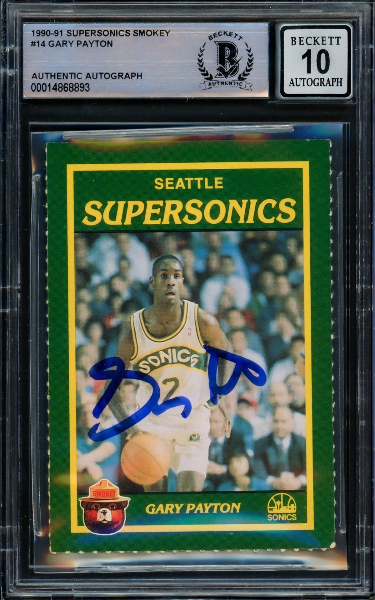 Gary Payton Autographed 1990-91 Smokey The Bear Rookie Card #14 Seattle Supersonics Auto Grade Gem Mint 10 Beckett BAS #14868893