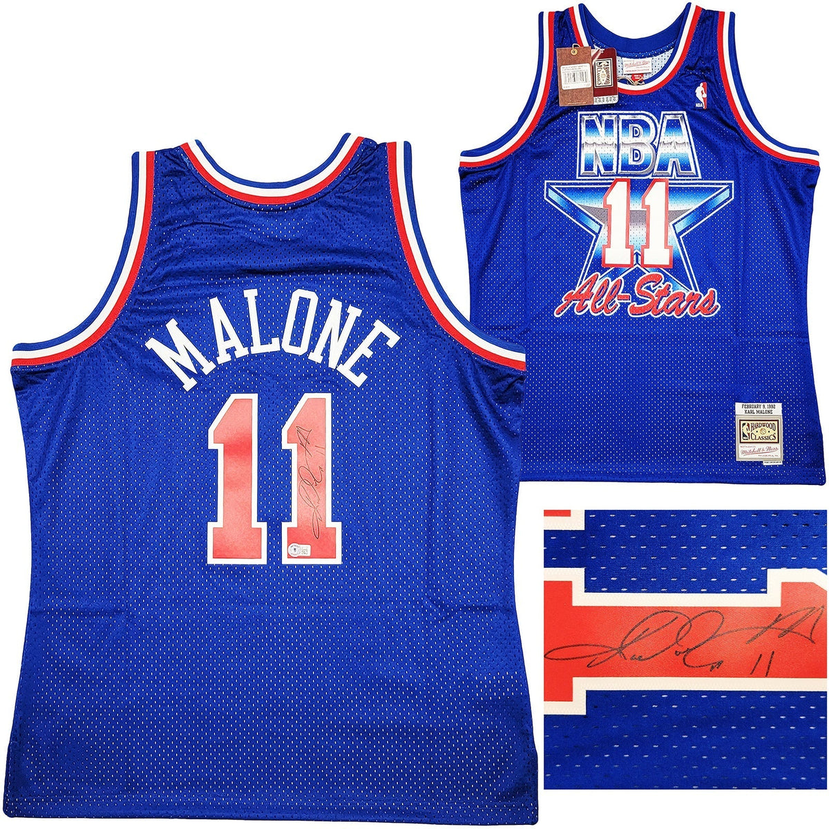 Utah Jazz Karl Malone Autographed Blue Authentic Mitchell & Ness 1992 All Star Game Jersey Size XL Beckett BAS Witness Stock #211879