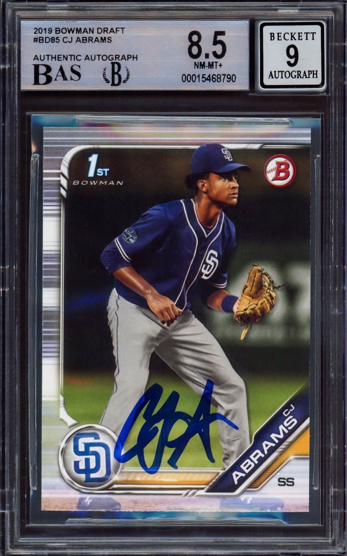 CJ Abrams Autographed 2019 Bowman Draft Rookie Card #BD85 San Diego Padres BGS 8.5 Auto Grade Mint 9 Beckett BAS #15468790