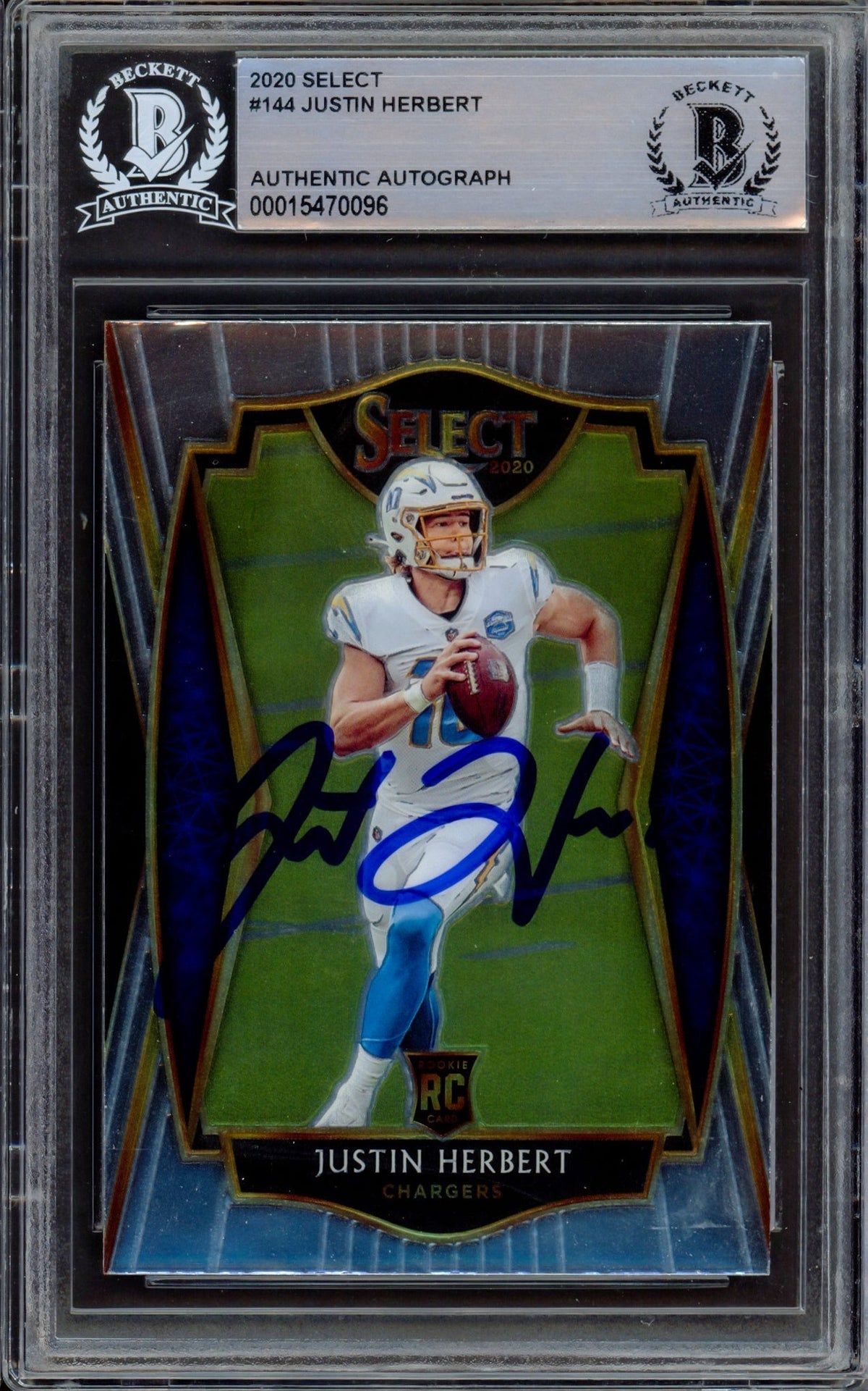 Justin Herbert Autographed 2020 Select Rookie Card #144 Los Angeles Chargers Beckett BAS #15470096