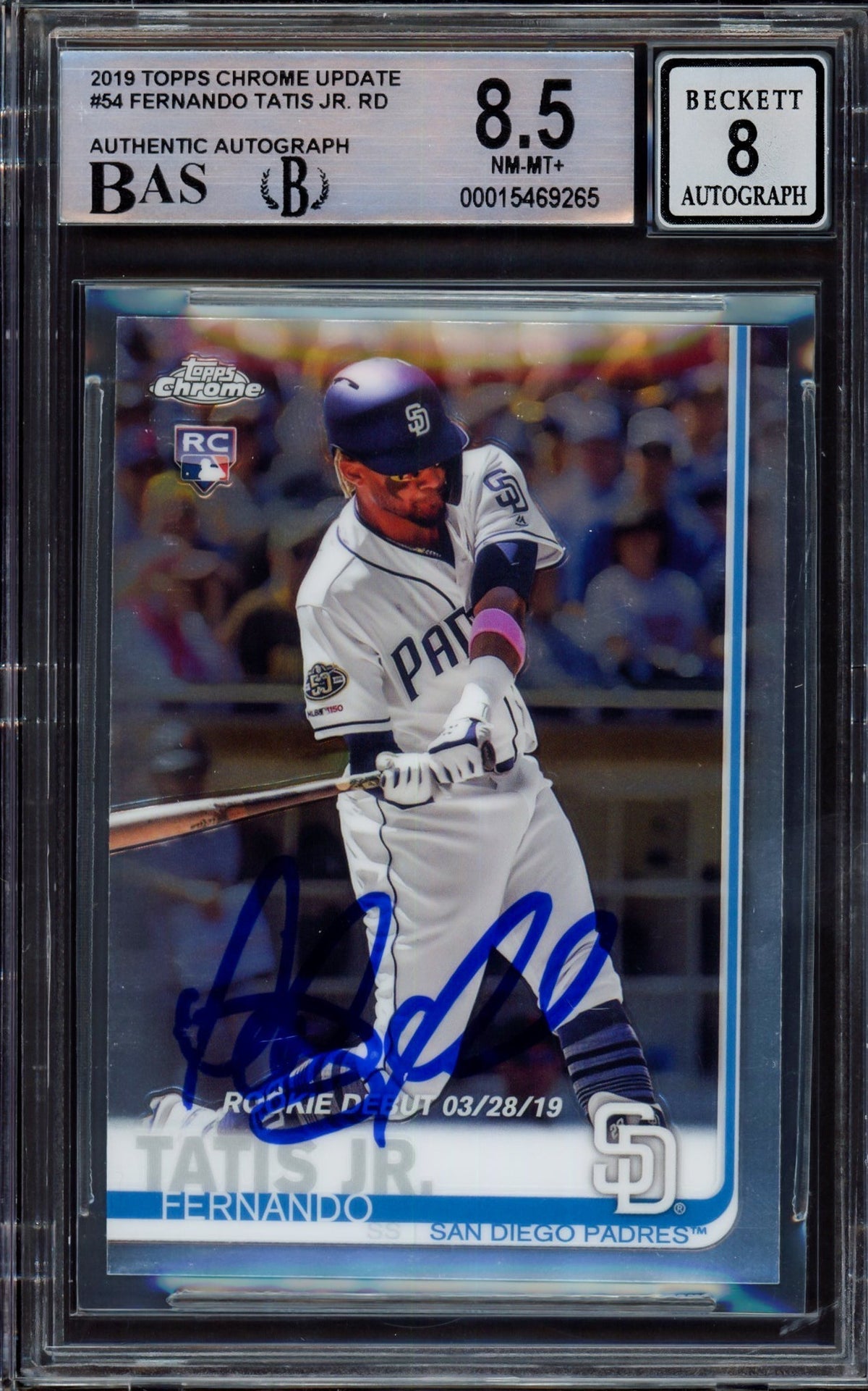Fernando Tatis Jr. Autographed 2019 Topps Update Rookie Card #US56 San Diego Padres BGS 8.5 Auto Grade Near Mint/Mint 8 Beckett BAS #15469265