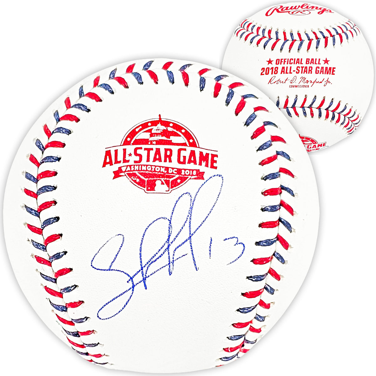 Salvador Perez Autographed Official 2018 All Star Game Logo Game Baseball Kansas City Royals Beckett BAS Witness Stock #216043