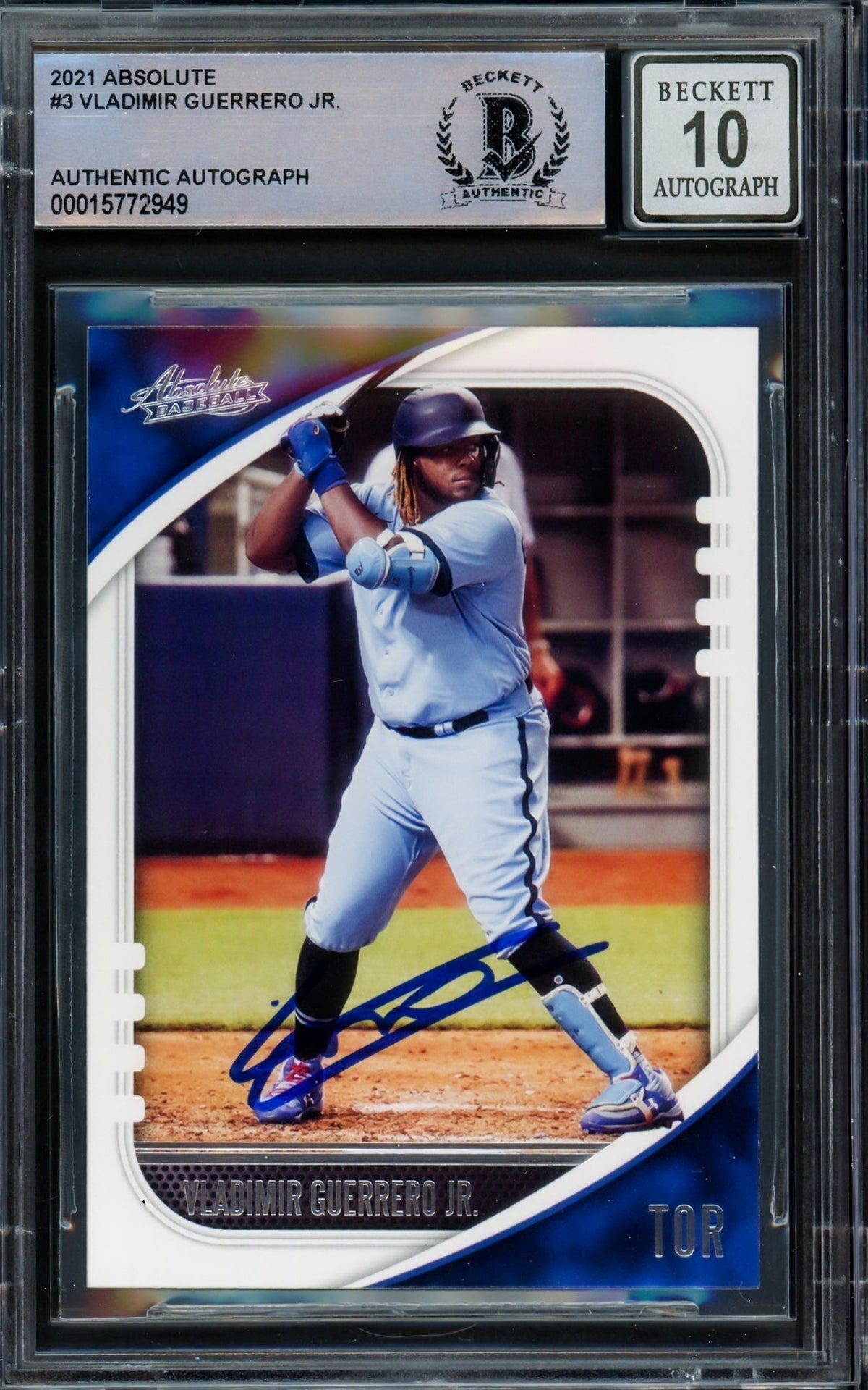 Vladimir Guerrero Jr. Autographed 2021 Panini Absolute Card #3 Toronto Blue Jays Auto Grade Gem Mint 10 Beckett BAS #15772949