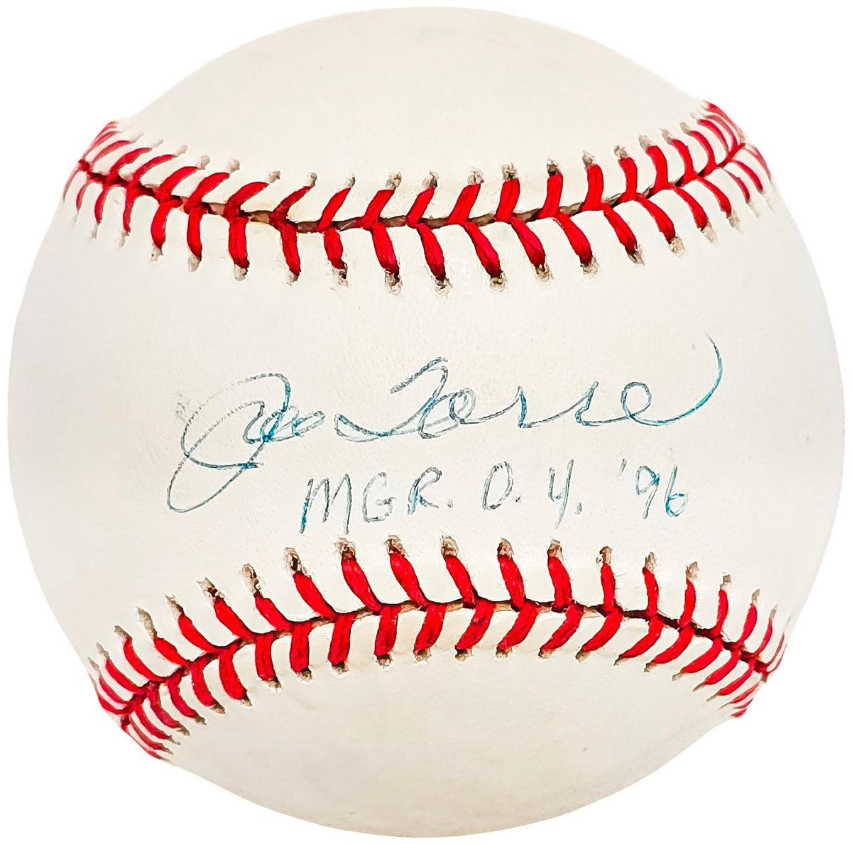 Joe Torre Autographed Official 1996 World Series Logo Baseball New York Yankees "Mgr. O.Y. 96" Beckett BAS #BH038090