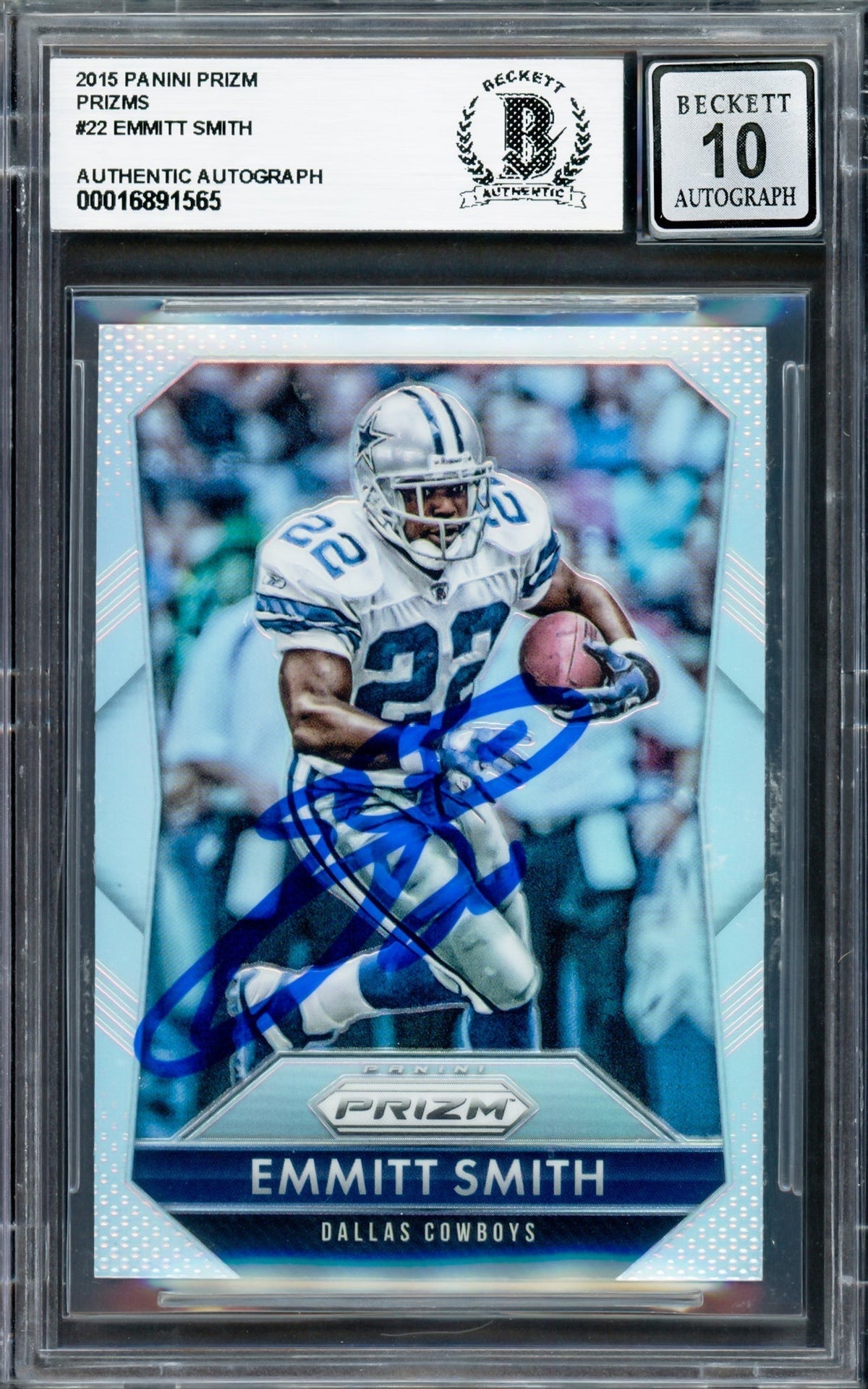 Emmitt Smith Autographed 2015 Panini Prizm Prizms Card #22 Dallas Cowboys Auto Grade Gem Mint 10 Beckett BAS