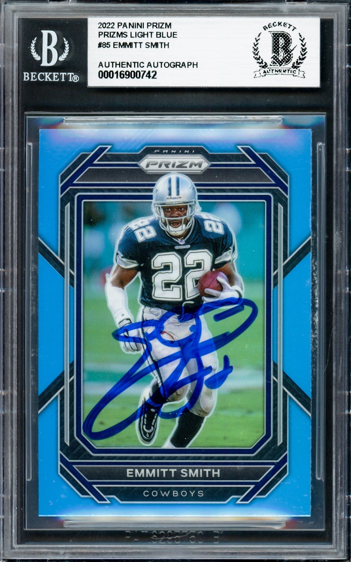 Emmitt Smith Autographed 2022 Panini Prizm Prizms Light Blue Card #85 Dallas Cowboys Beckett BAS #16900742