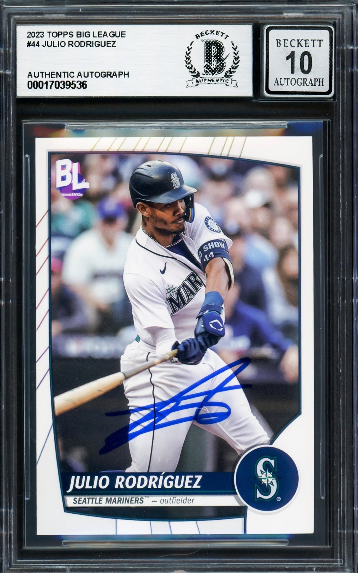 Julio Rodriguez Autographed 2023 Topps Big League Card #44 Seattle Mariners Auto Grade Gem Mint 10 Beckett BAS