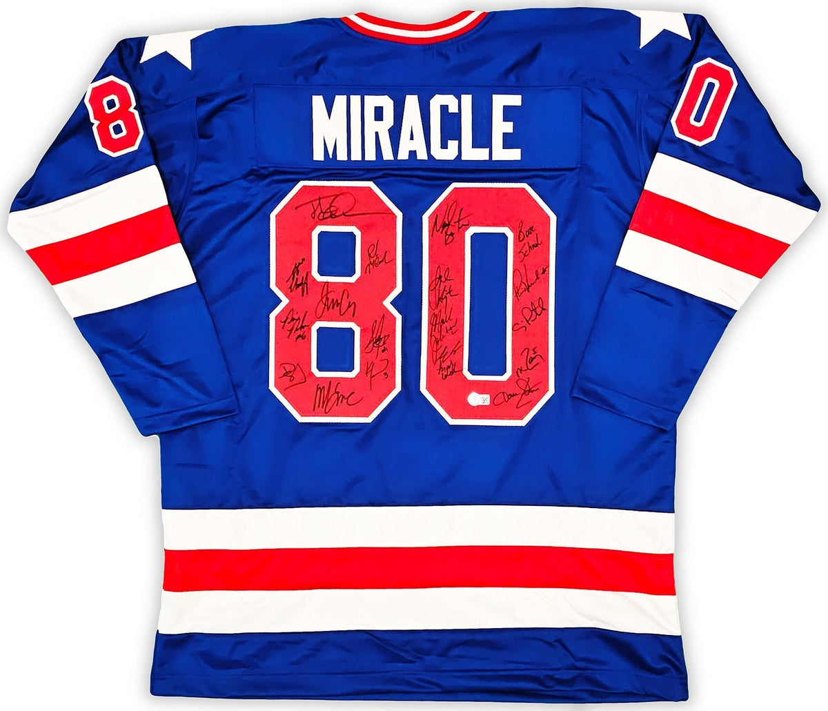 1980 USA Olympics Hockey Miracle On Ice Team Signed Autographed Blue Jersey With 19 Signatures Including Jim Craig & Mike Eruzione Do You Believe In Miracles? Beckett BAS Witness Stock #217990