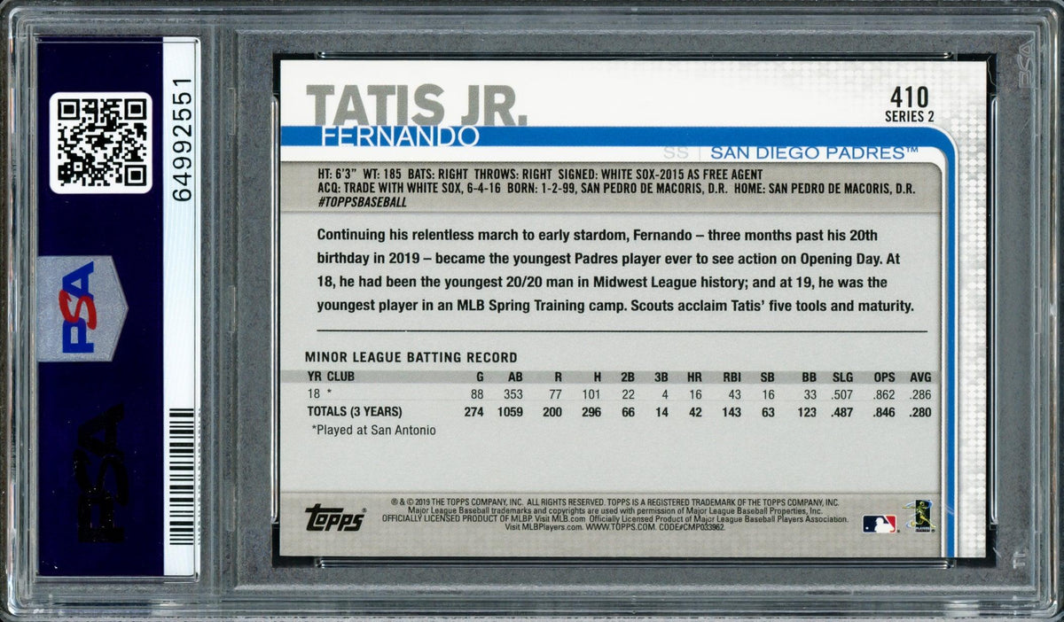 Fernando Tatis Jr. Autographed 2019 Topps Rookie Card #410 San Diego Padres PSA 9 Auto Grade Mint 9 PSA/DNA #64992551