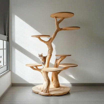 Rustic Natural Solid Wood Cat Tree Wooden  Stand Naturally Gift Cat