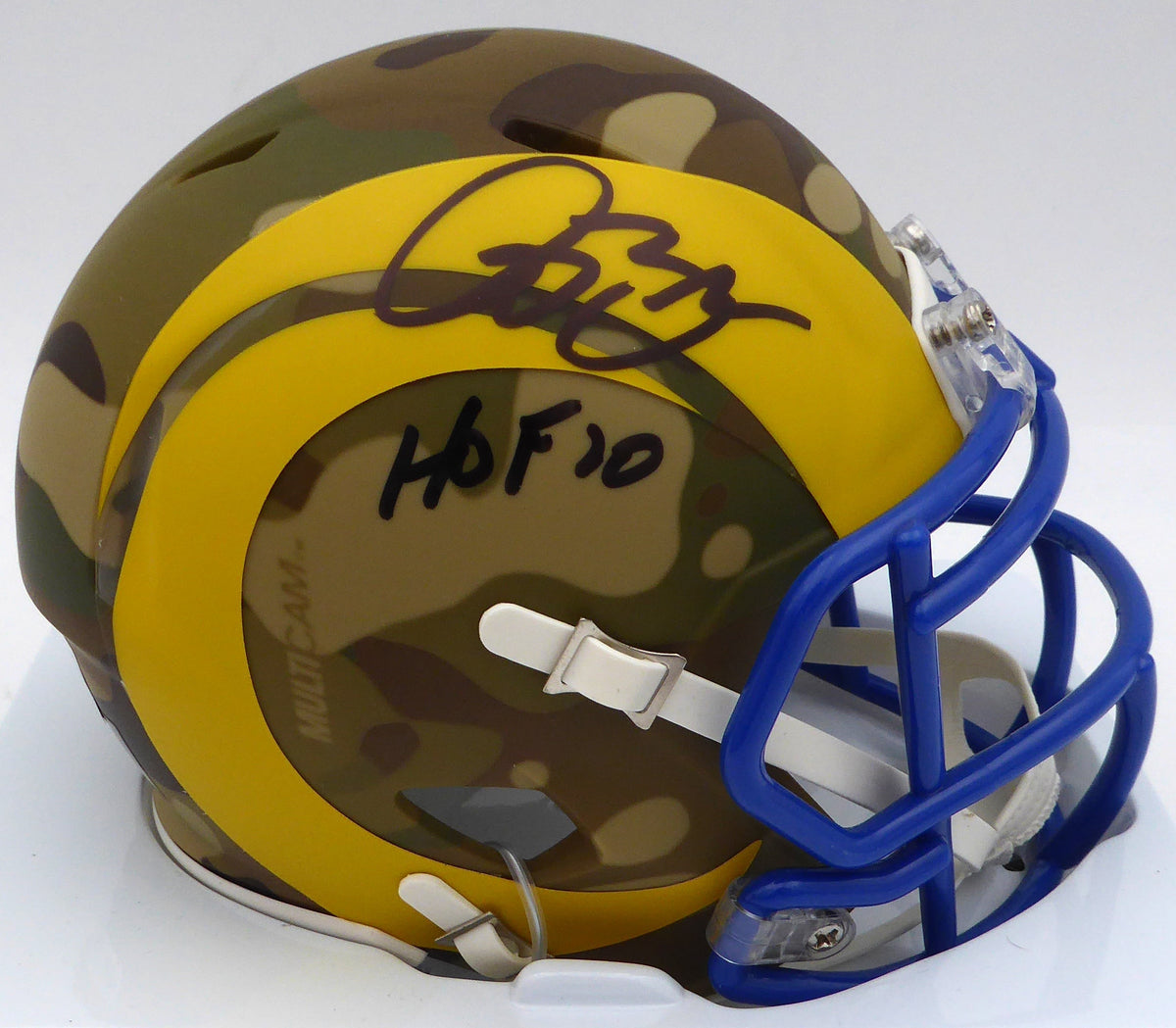 Isaac Bruce Autographed St. Louis Rams Camo Speed Mini Helmet "HOF 20" Beckett BAS QR #1W478440