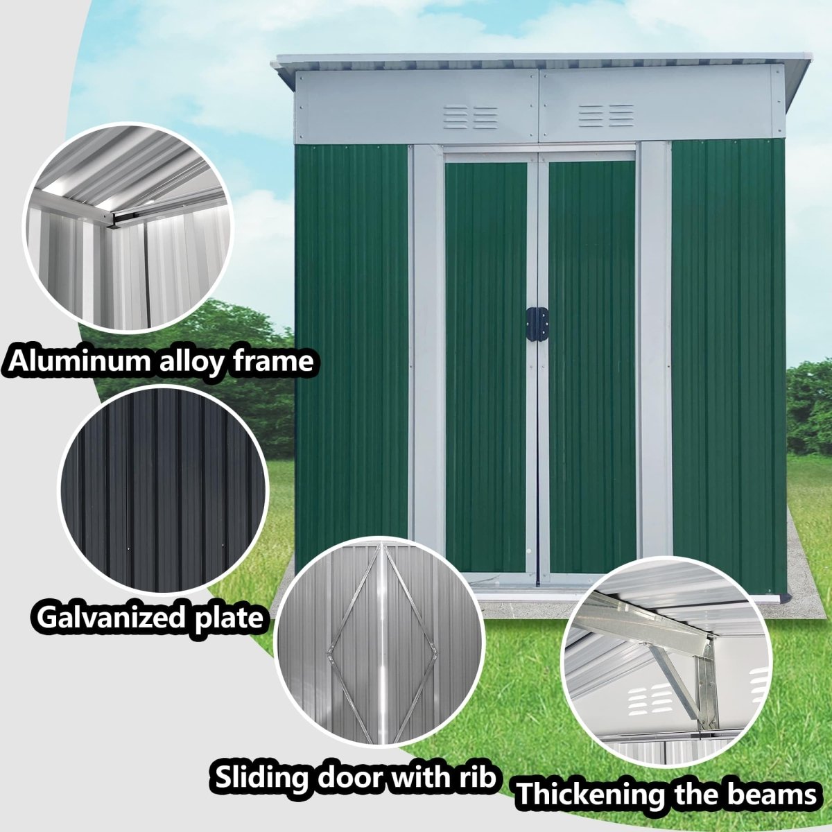 5x3FT Outdoor Storage Shed | Green & White Metal Tool Shed with Sliding Door