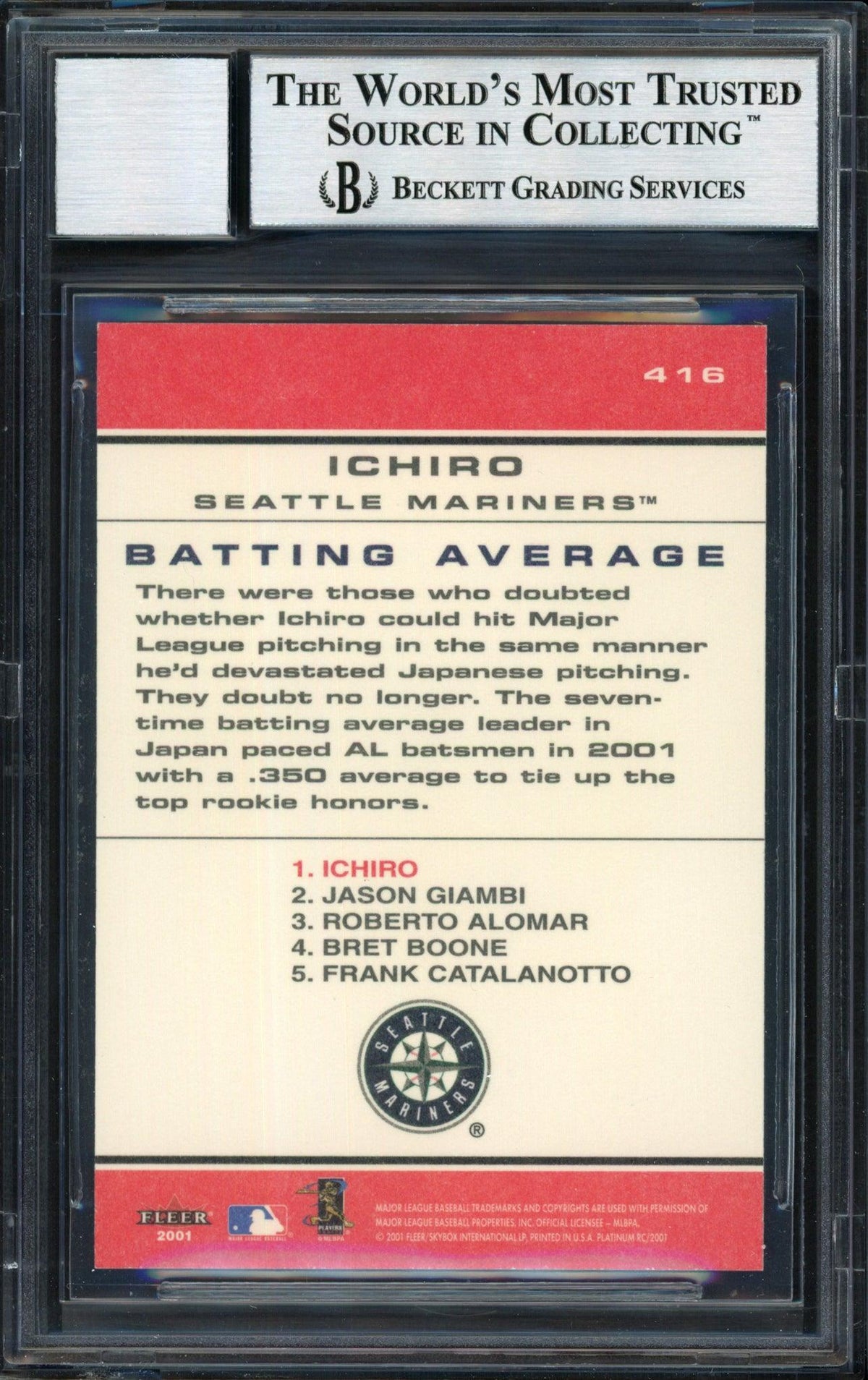 Ichiro Suzuki Autographed 2001 Fleer Platinum Chart Toppers Rookie Card #416 Seattle Mariners Auto Grade 10 Beckett BAS #12490855