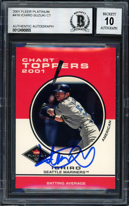 Ichiro Suzuki Autographed 2001 Fleer Platinum Chart Toppers Rookie Card #416 Seattle Mariners Auto Grade 10 Beckett BAS #12490855