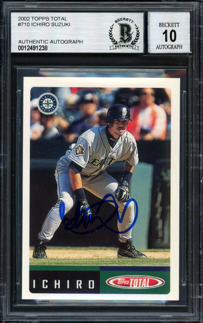 Ichiro Suzuki Autographed 2002 Topps Total Card #710 Seattle Mariners Auto Grade 10 Beckett BAS #12491238