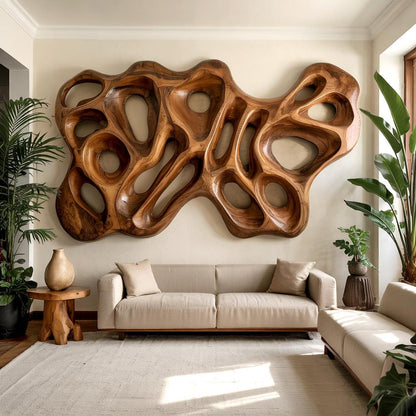 Modern Organic Wood Wall Sculpture For Living Room Feature Wall And Artistic Interior Accent