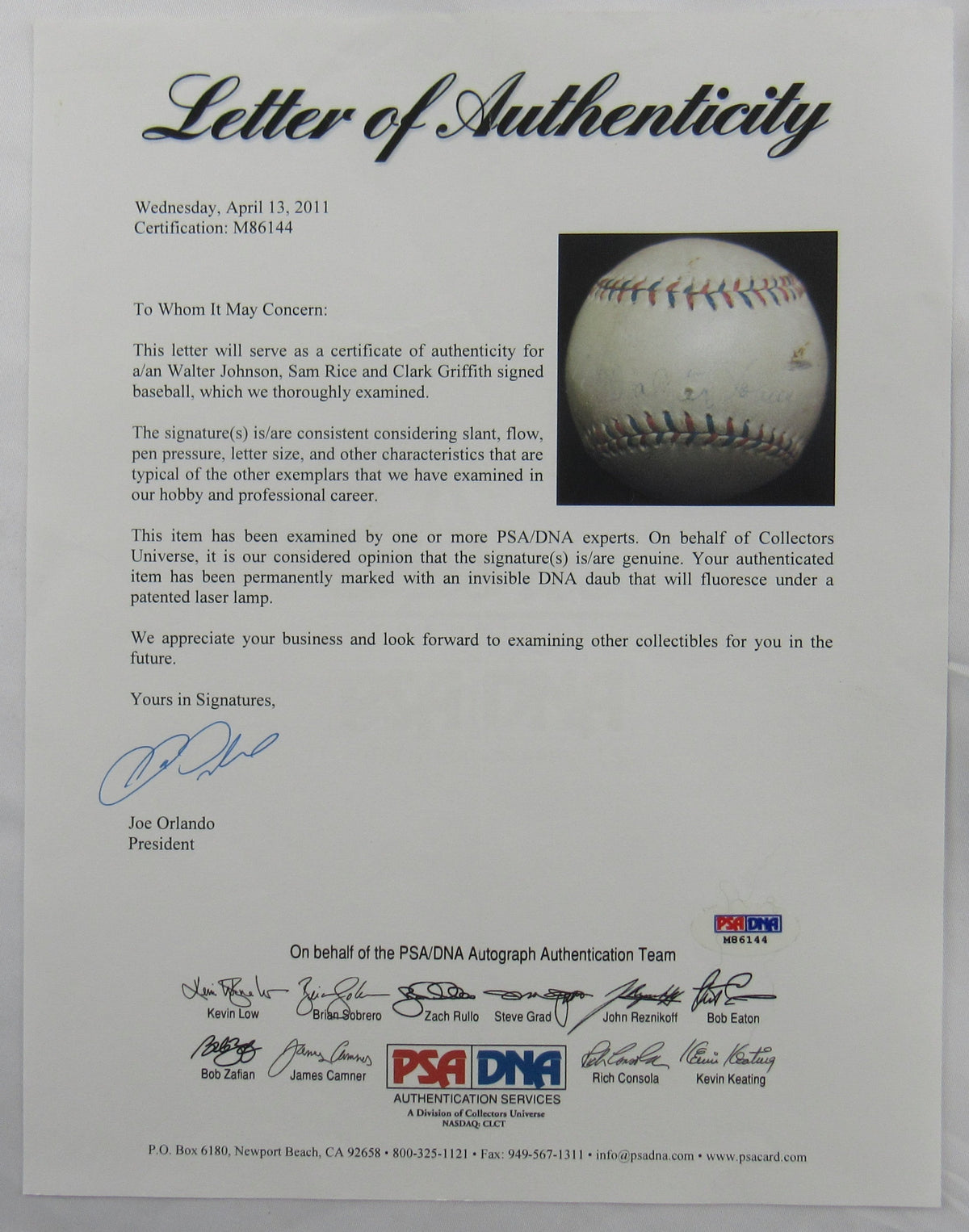 Walter Johnson Sam Rice Clark Griffith Signed Auto Baseball PSA/DNA LOA M86144