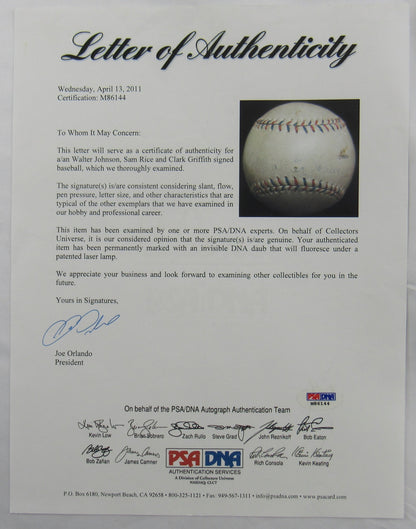 Walter Johnson Sam Rice Clark Griffith Signed Auto Baseball PSA/DNA LOA M86144