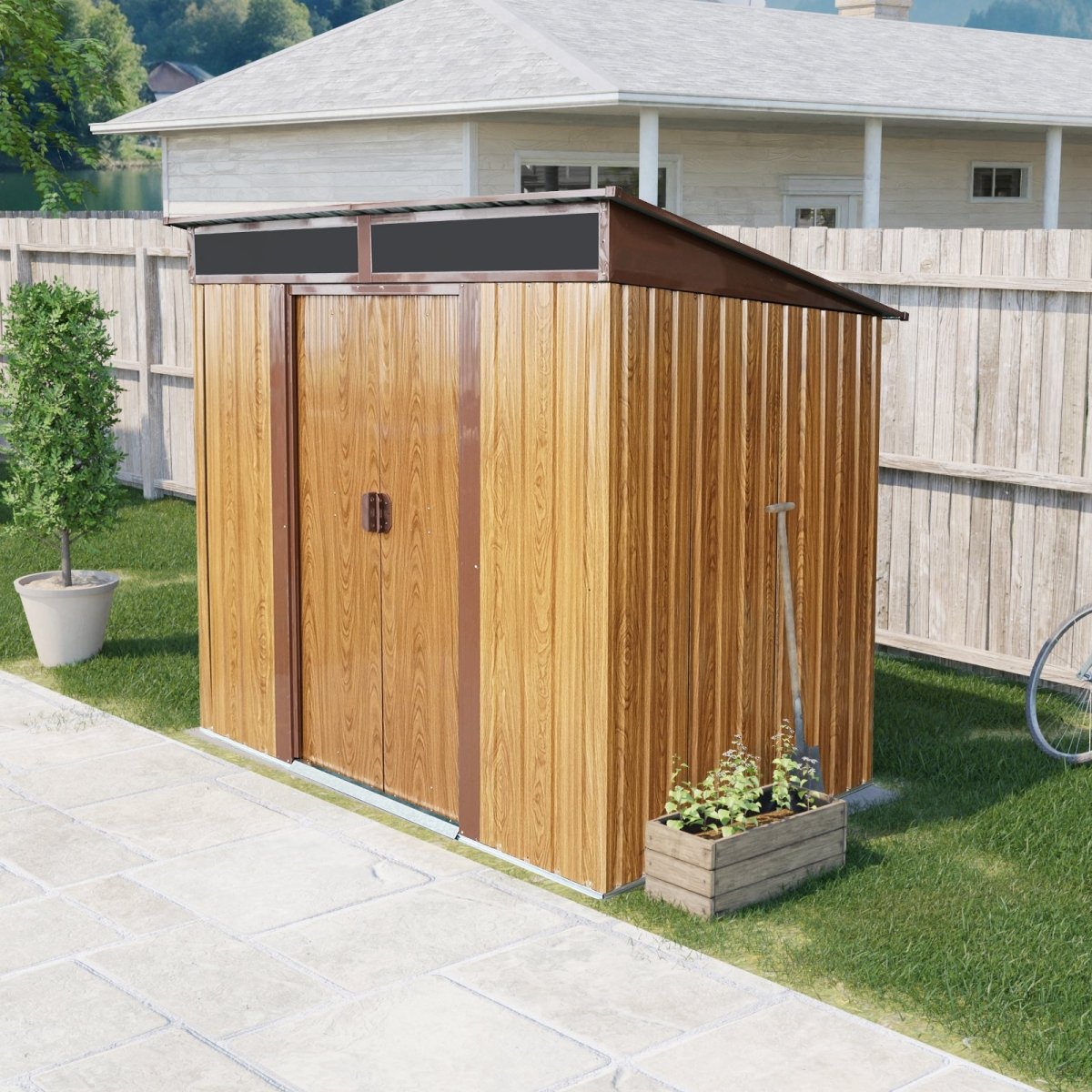 6ft x 5ft Outdoor Metal Storage with Transparent plate and Foundation for Backyard Garden Patio --Coffee