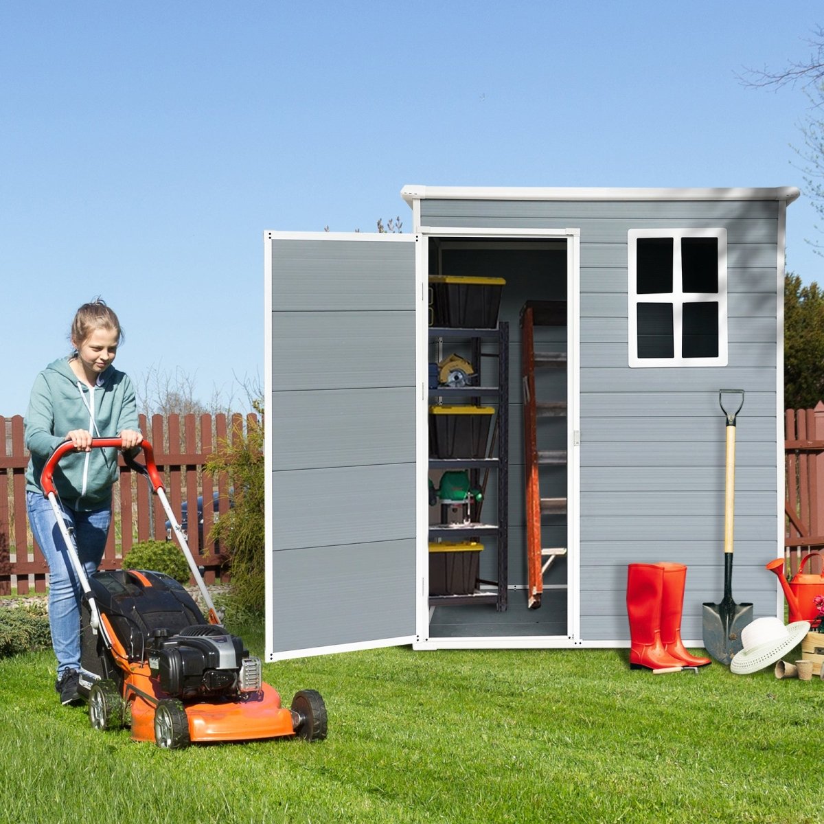 5ft x 3ft Resin Outdoor Storage Shed – Plastic Garden Shed with Floor & Lockable Door, Grey