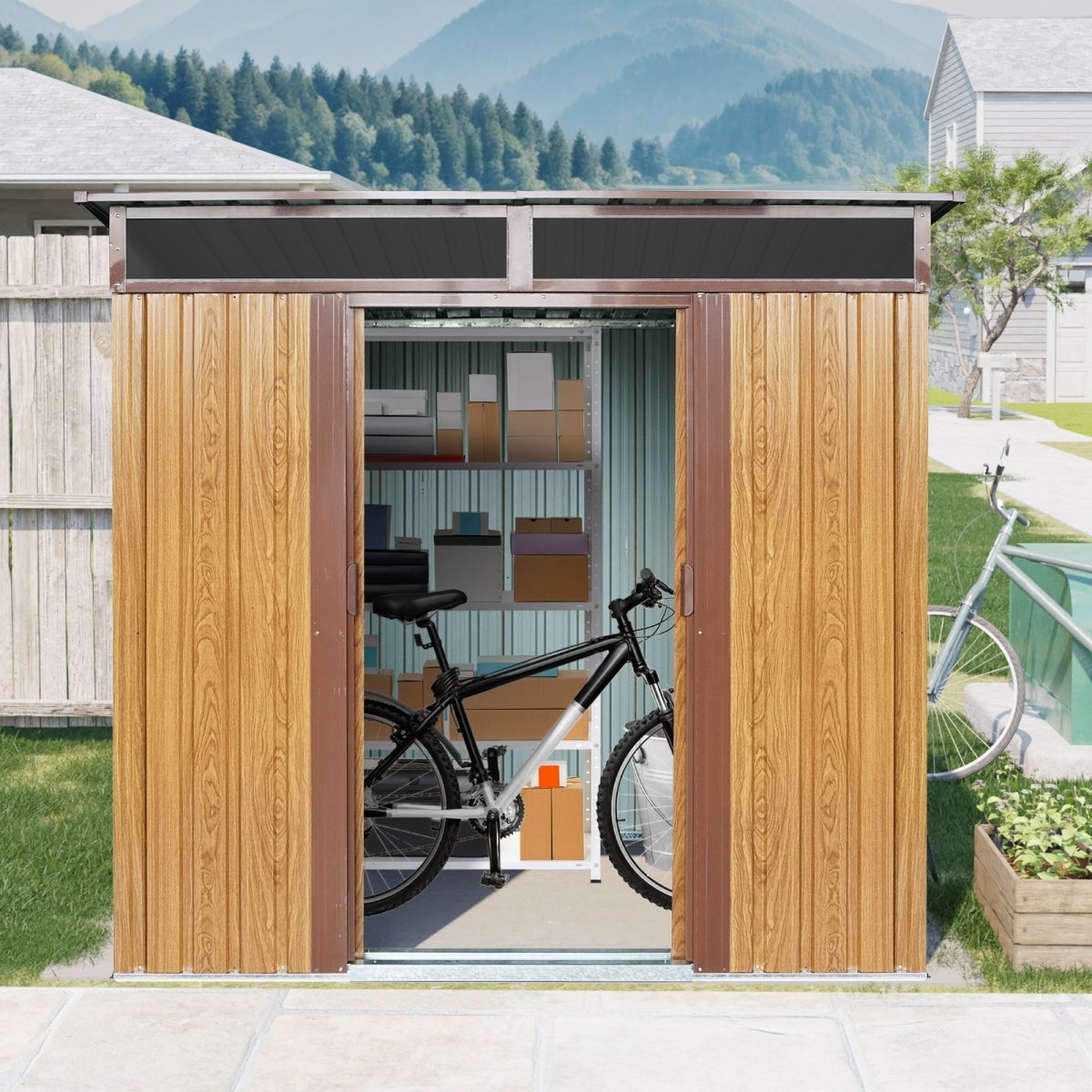 6ft x 5ft Outdoor Metal Storage with Transparent plate and Foundation for Backyard Garden Patio --Coffee