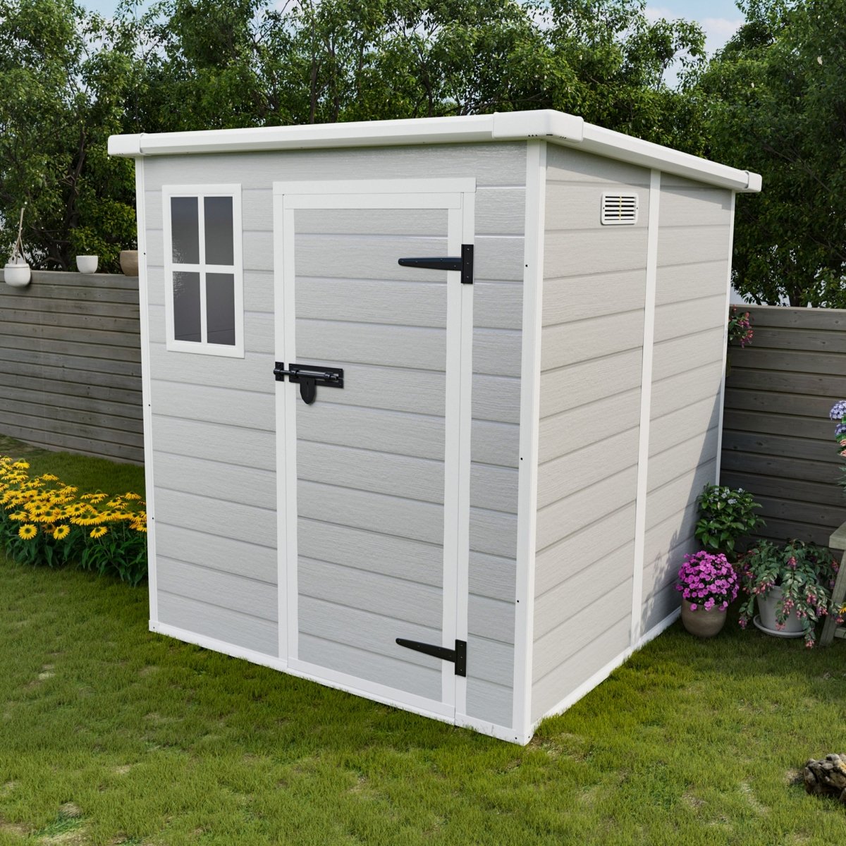 6x6 FT Storage Shed, Waterproof Resin Outdoor Storage Shed with Floor & Window & Lockable Doors and Vents, Tool Shed for Bike, Garden, Backyard,Lawn, All Weather Use, Light Grey