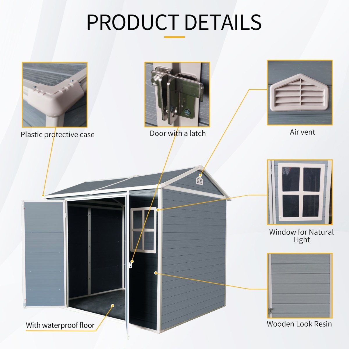8 x 6 ft Resin Outdoor Storage Shed Waterproof Shed with Floor & Two Windows & Lockable Door, Tool Shed for Garden, Patio, Backyard,Gray